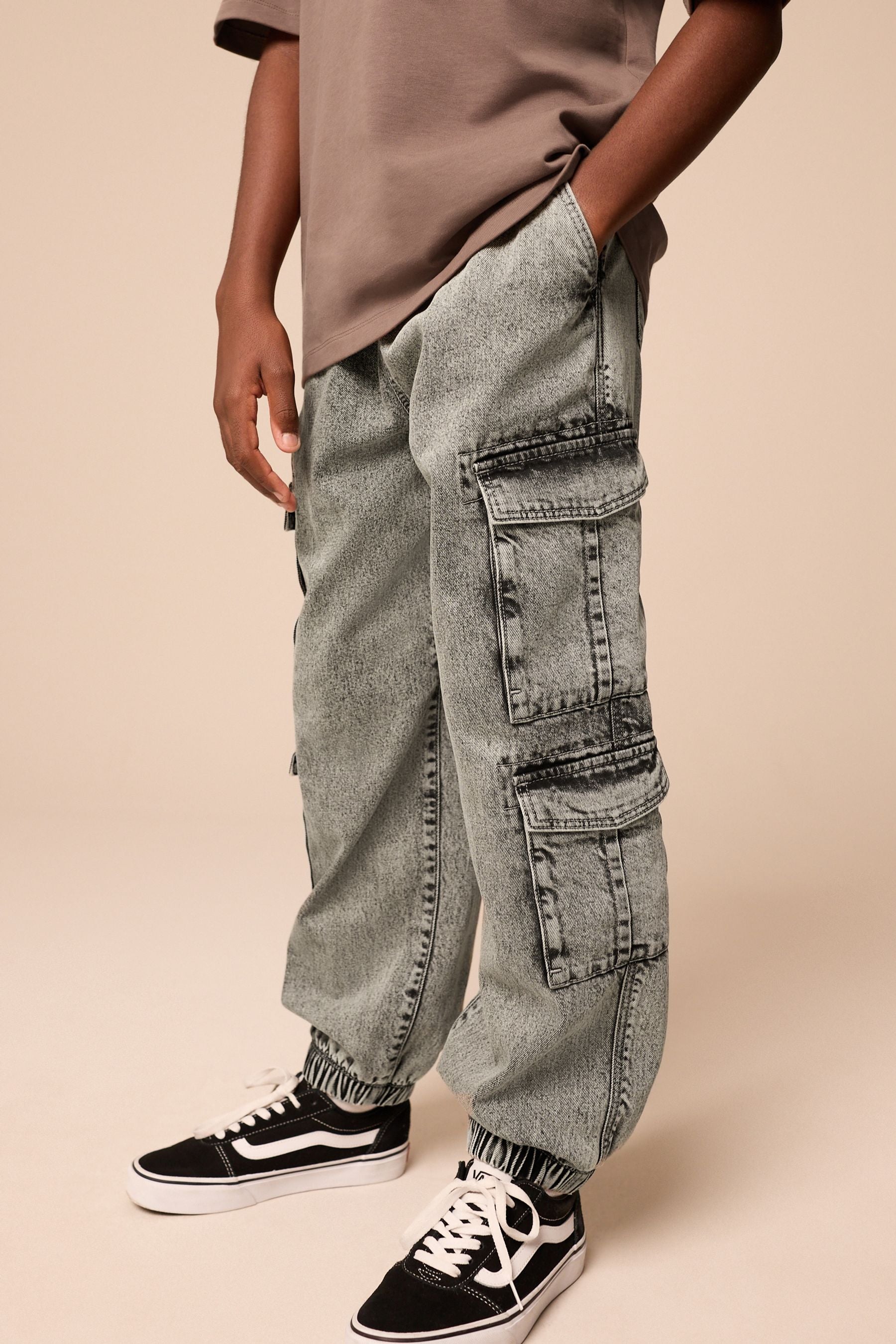 Grey Balloon Denim Cargo 100% Cotton Jeans with Elasticated Waist (3-16yrs)