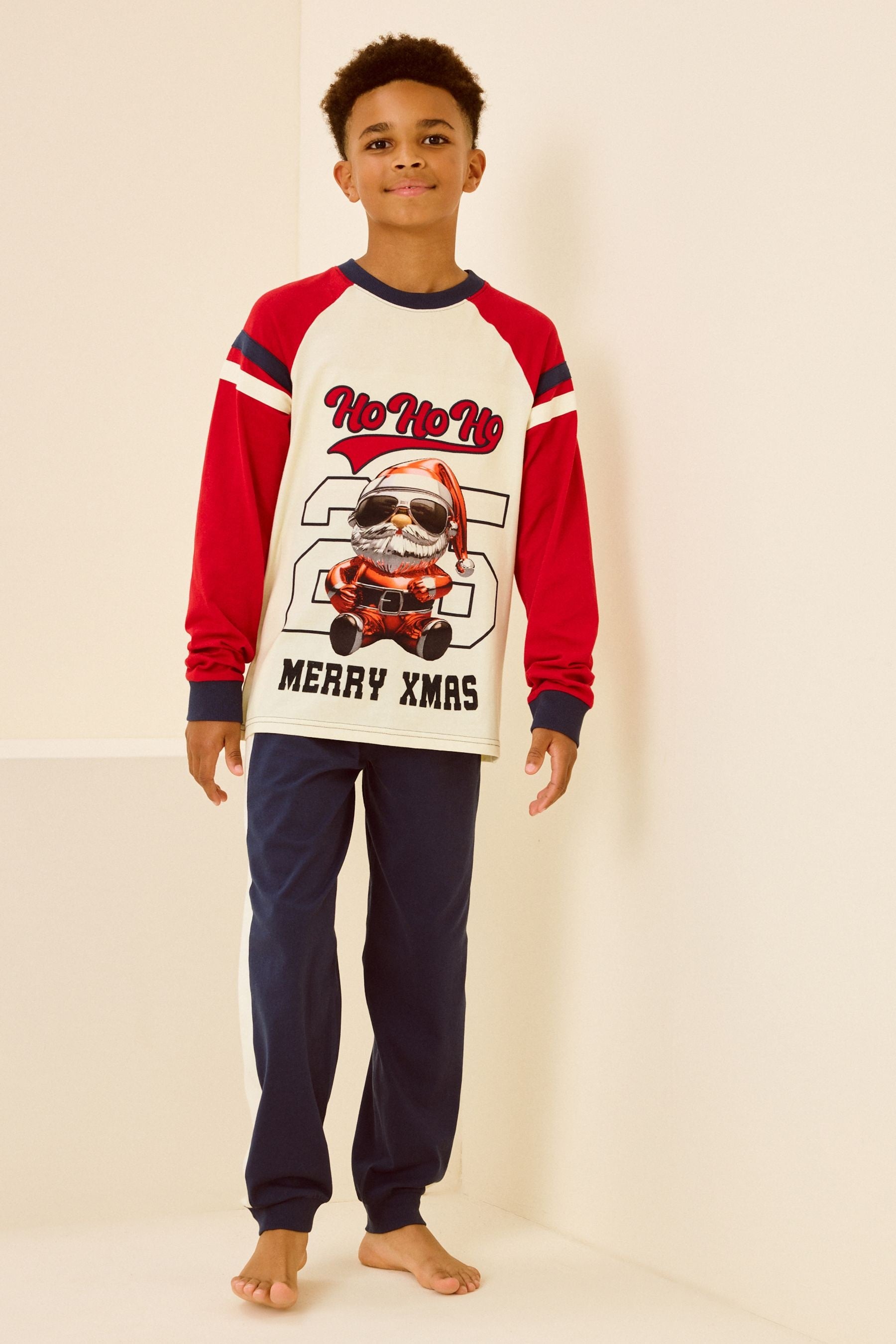 Red/Navy/White Christmas Varsity Santa Single Long Sleeve 100% Cotton Pyjamas (3-16yrs)