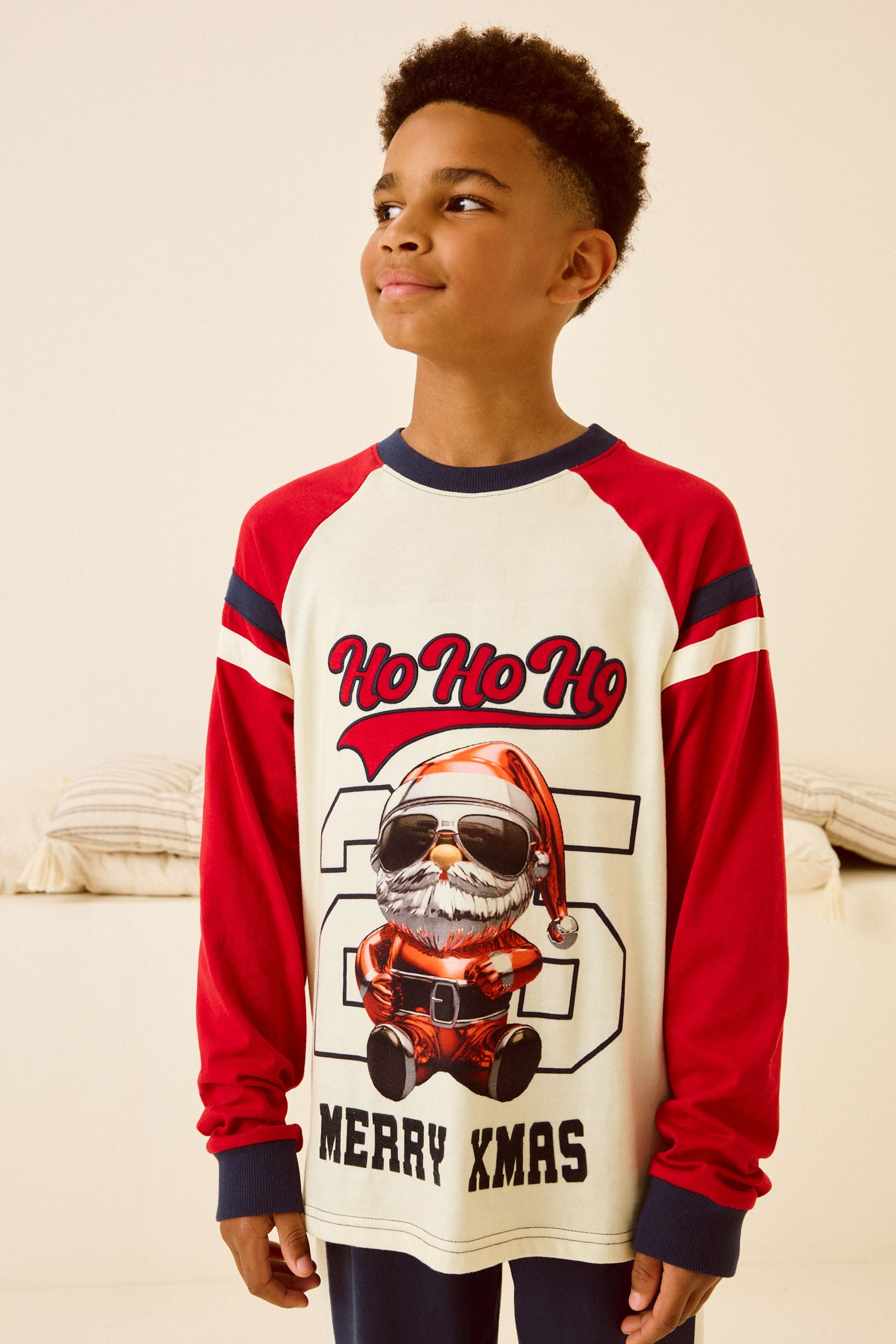 Red/Navy/White Christmas Varsity Santa Single Long Sleeve 100% Cotton Pyjamas (3-16yrs)