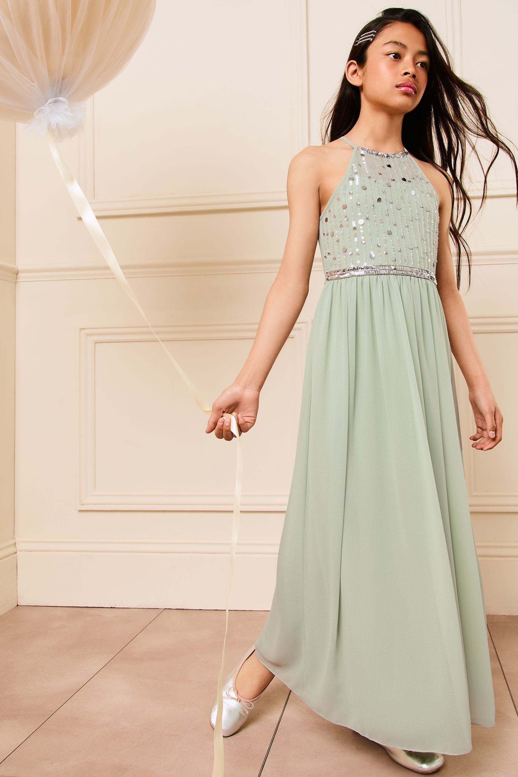 Green Strap Maxi Embellished Occasion Dress (7-16yrs)