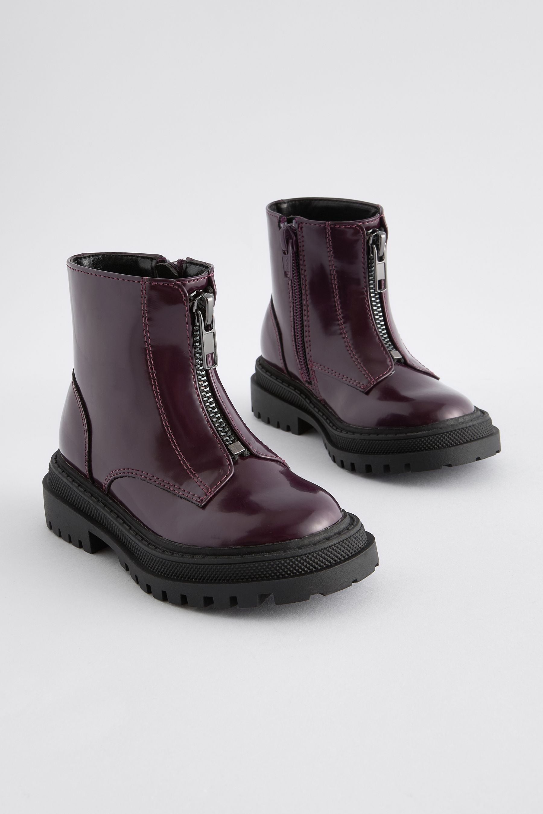 Burgundy Red Wide Fit (G) Zip Front Chunky Boots