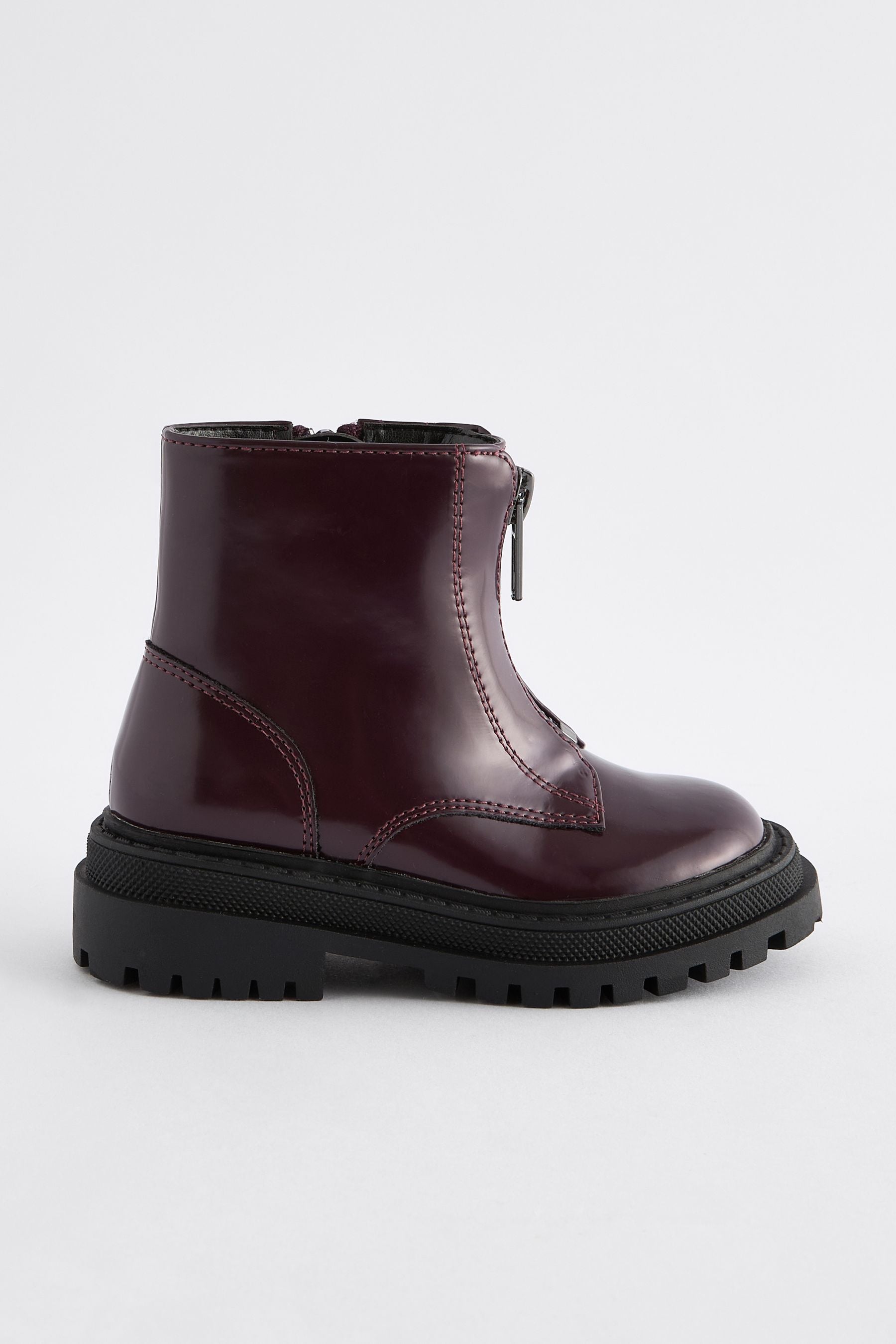 Burgundy Red Wide Fit (G) Zip Front Chunky Boots