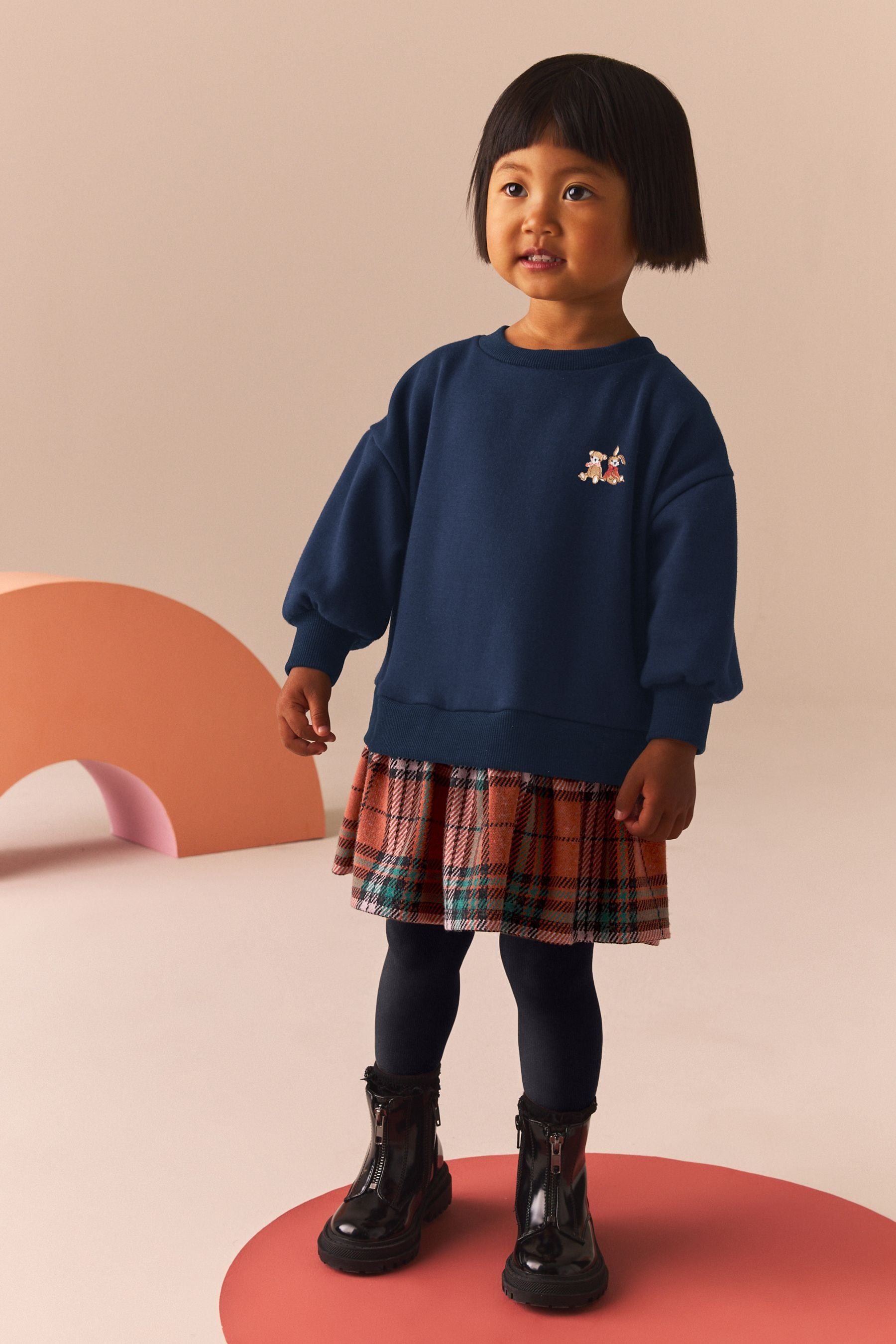 Navy Bear Long Sleeve Check Sweat Dress & Leggings (3mths-7yrs)