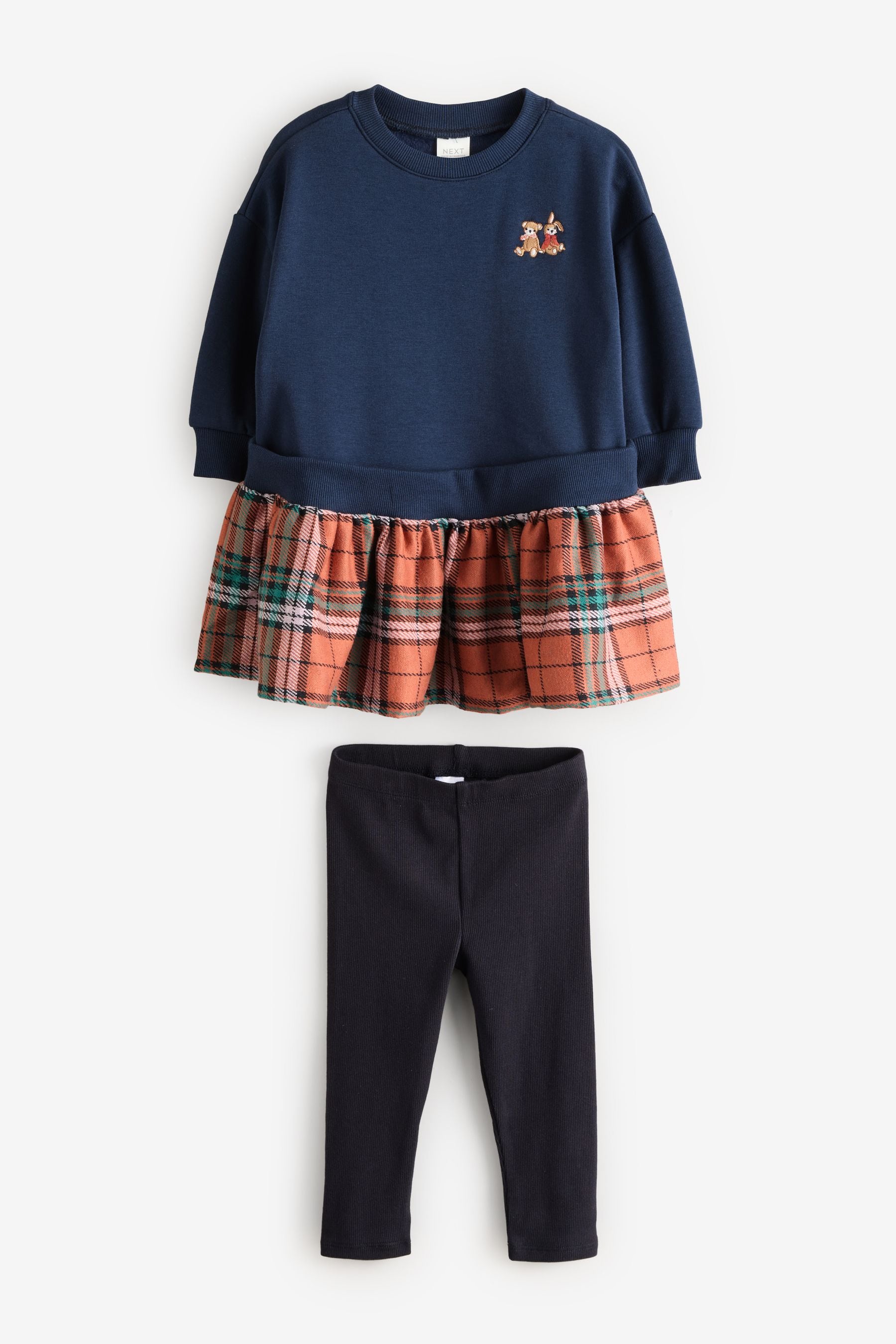 Navy Bear Long Sleeve Check Sweat Dress & Leggings (3mths-7yrs)