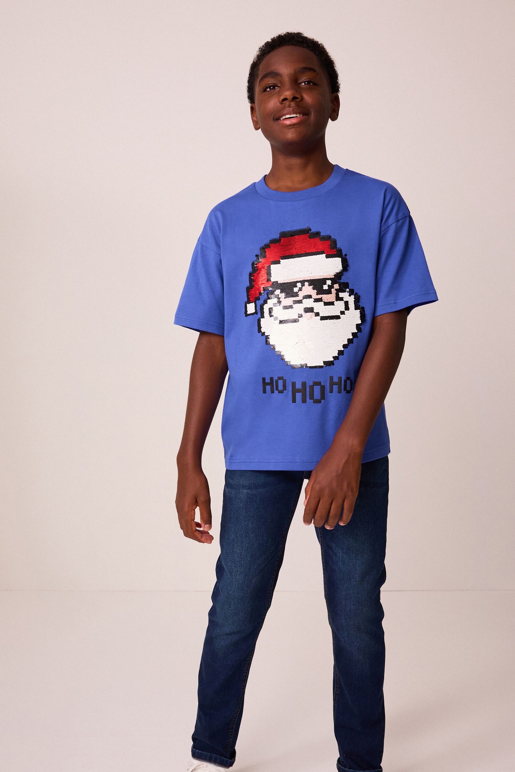 Cobalt Blue Santa Sequin Short Sleeve Christmas 100% Cotton T-Shirt (3-16yrs)