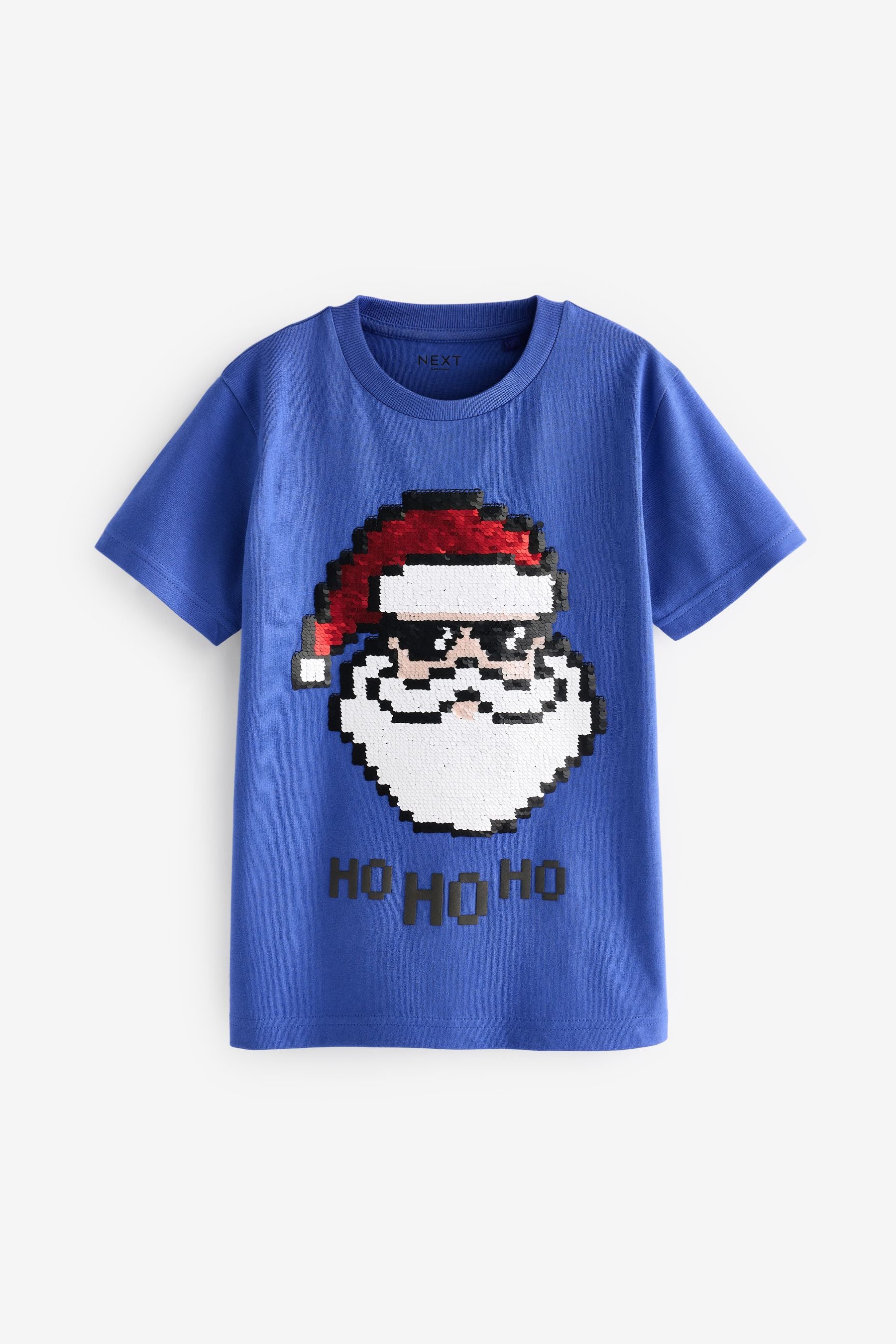 Cobalt Blue Santa Sequin Short Sleeve Christmas 100% Cotton T-Shirt (3-16yrs)