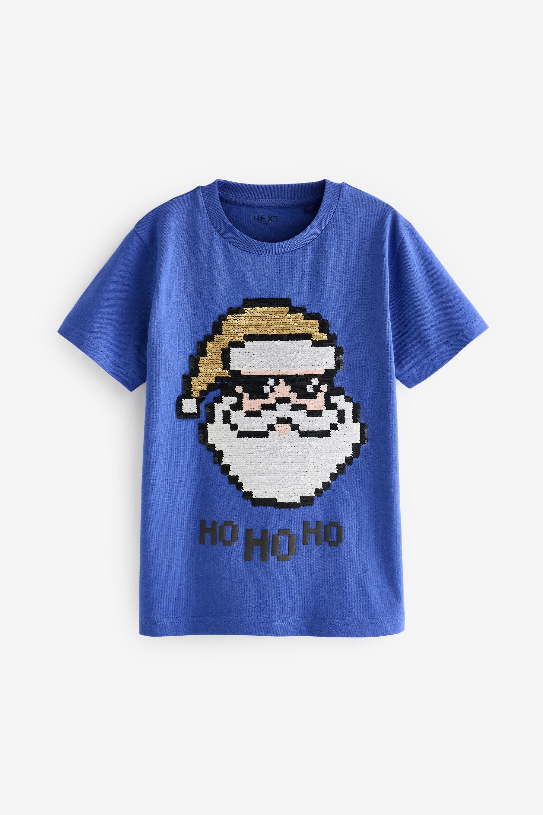 Cobalt Blue Santa Sequin Short Sleeve Christmas 100% Cotton T-Shirt (3-16yrs)