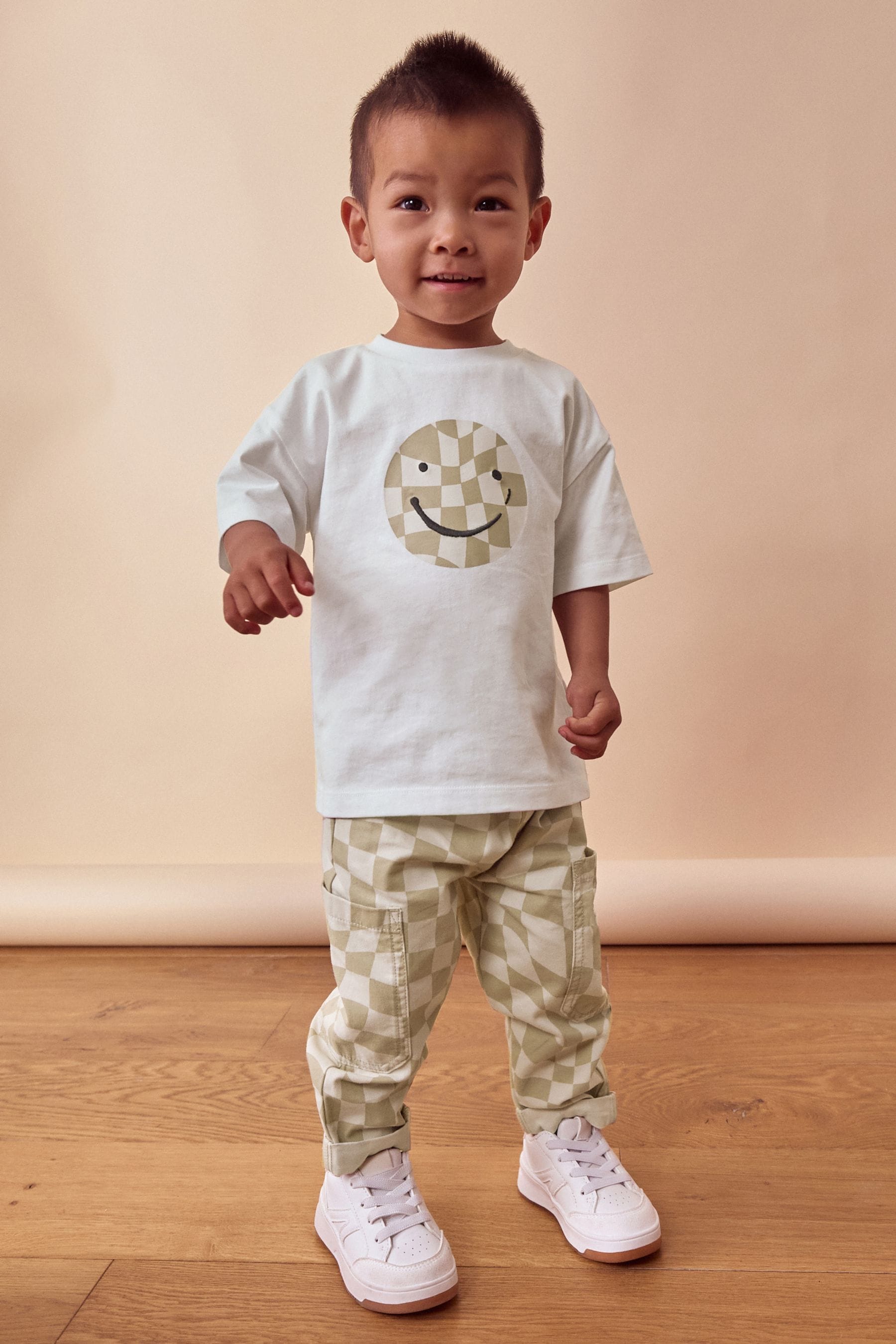 Neutral Checkerboard Trousers and Long Sleeve T-Shirts Set (3mths-7yrs)