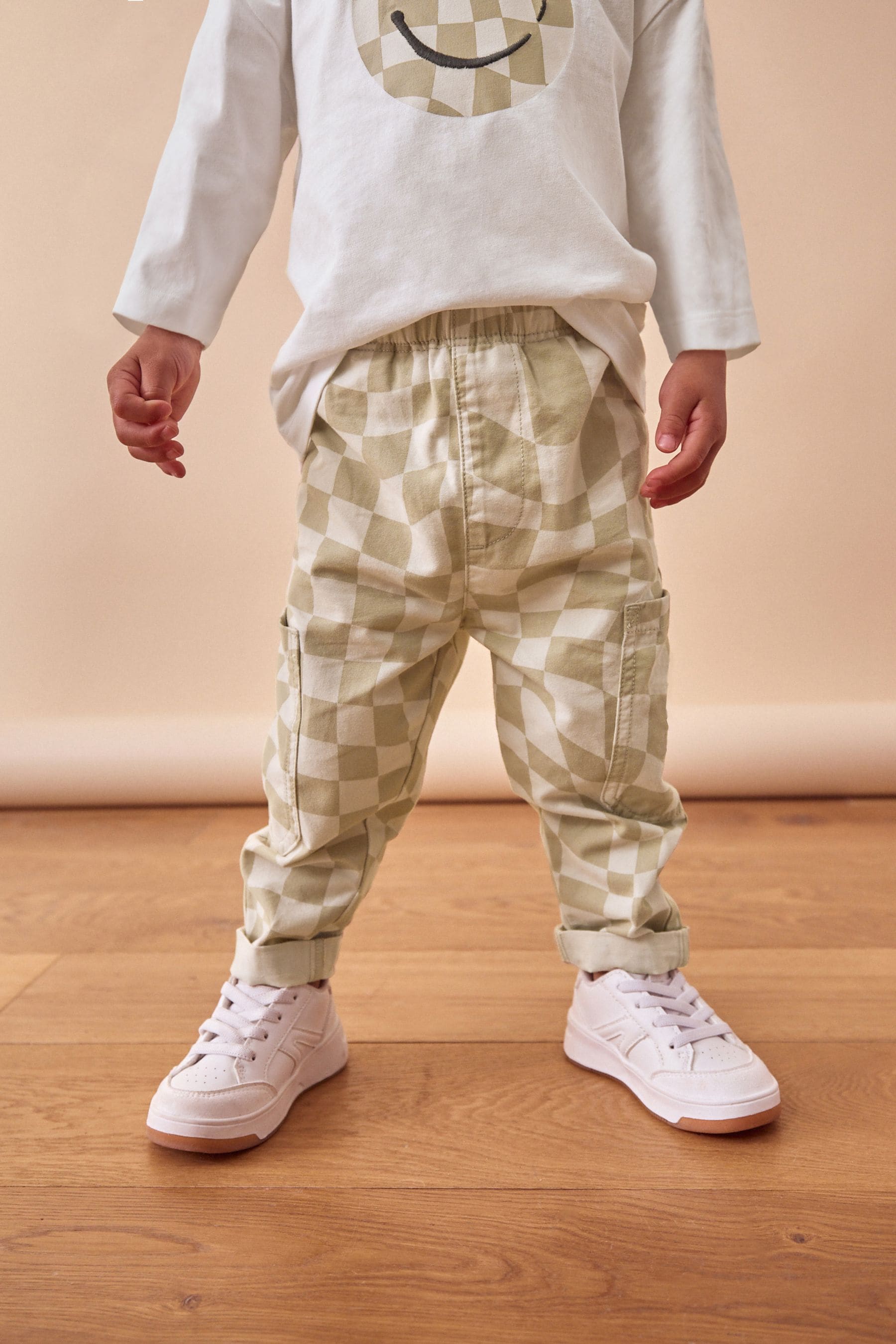 Neutral Checkerboard Trousers and Long Sleeves 100% Cotton T-Shirts Set (3mths-7yrs)