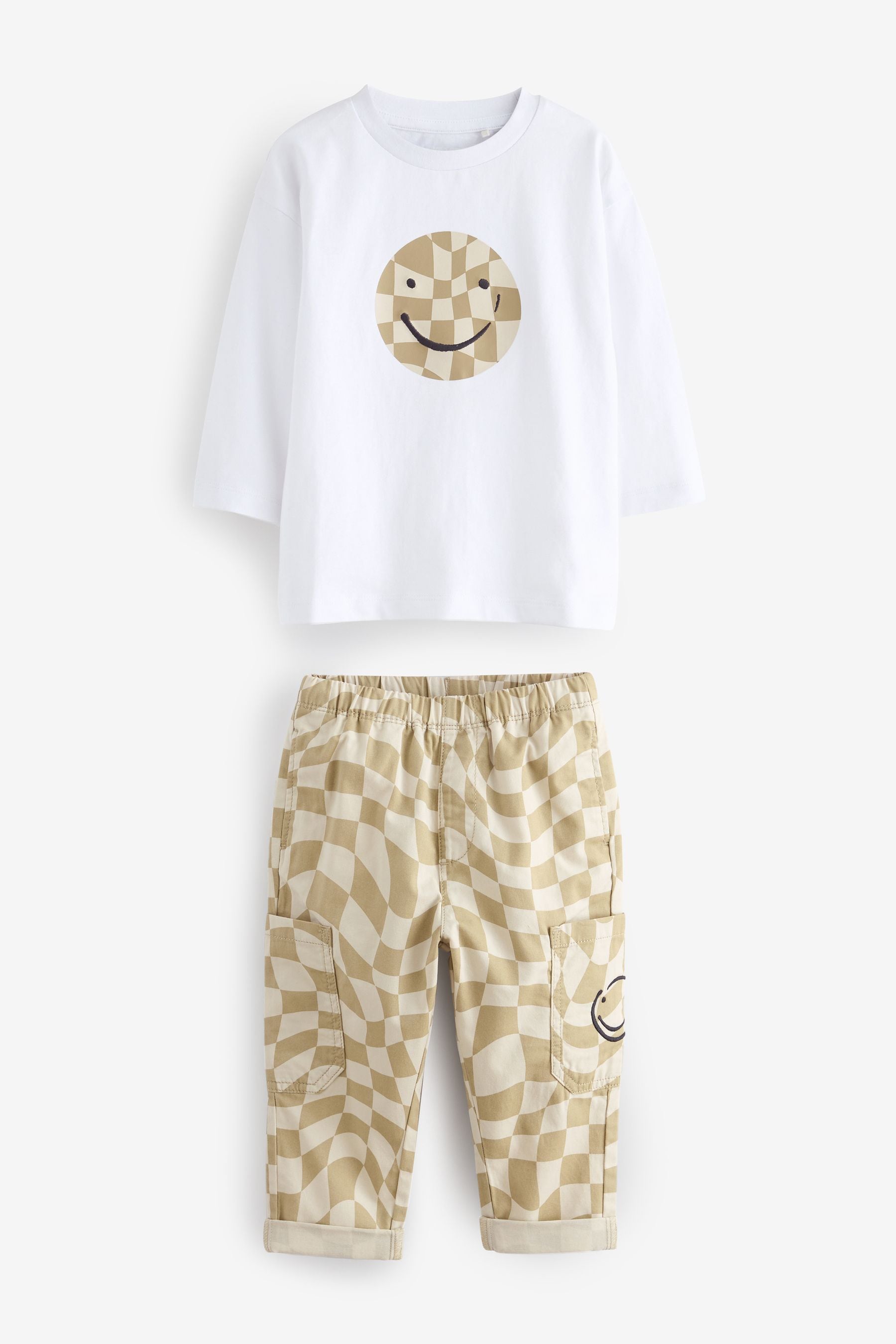 Neutral Checkerboard Trousers and Long Sleeve T-Shirts Set (3mths-7yrs)