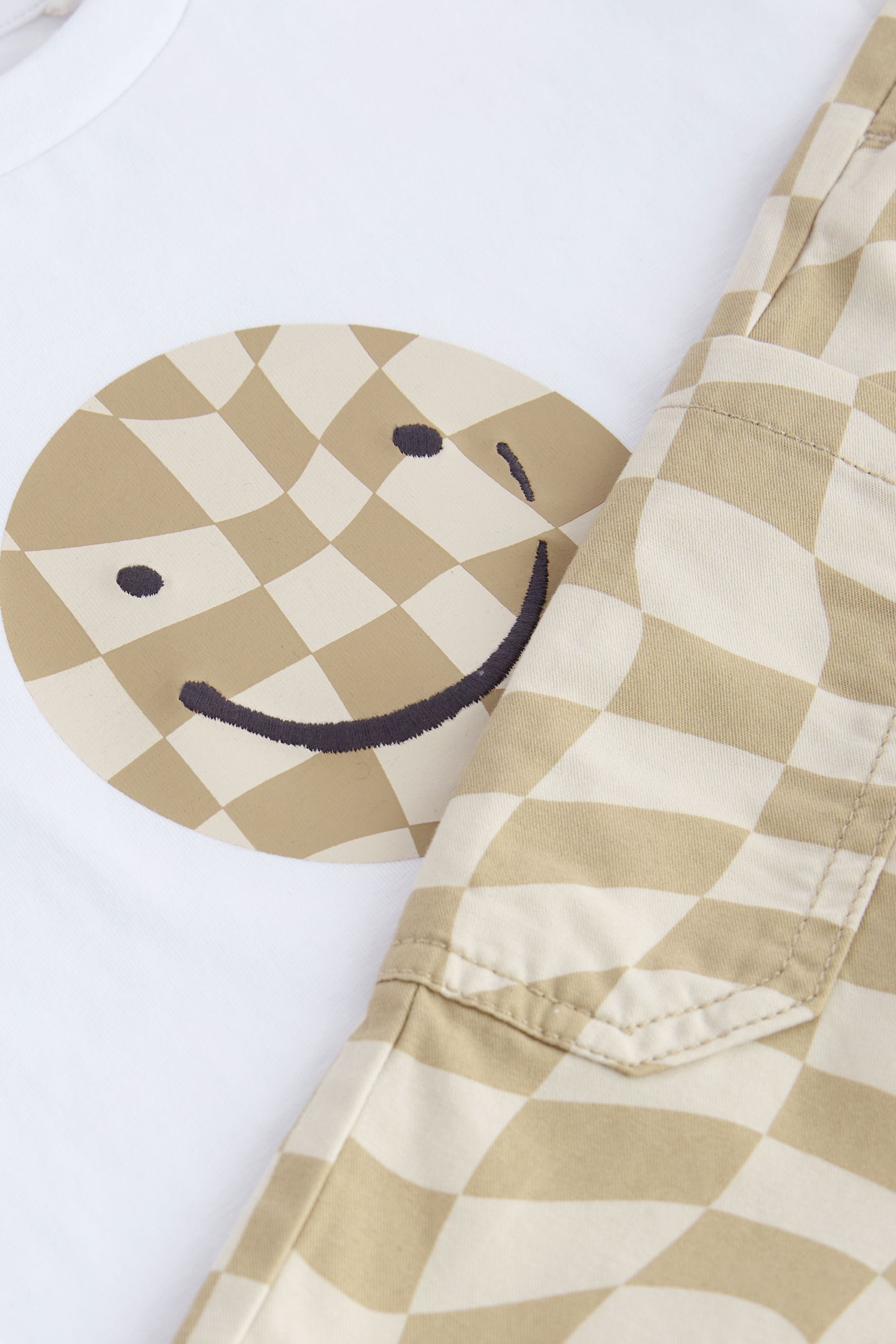 Neutral Checkerboard Trousers and Long Sleeve T-Shirts Set (3mths-7yrs)