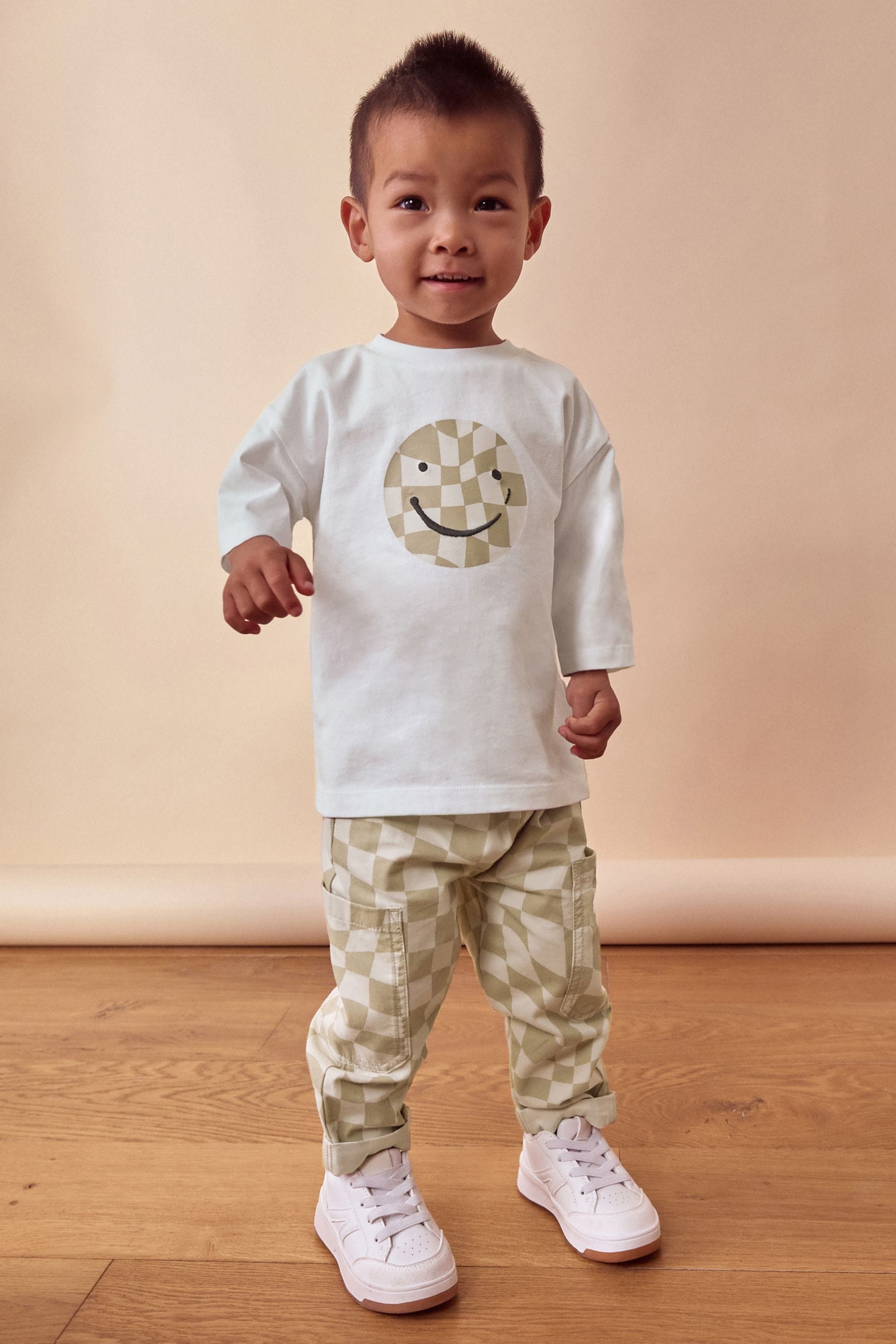 Neutral Checkerboard Trousers and Long Sleeves 100% Cotton T-Shirts Set (3mths-7yrs)