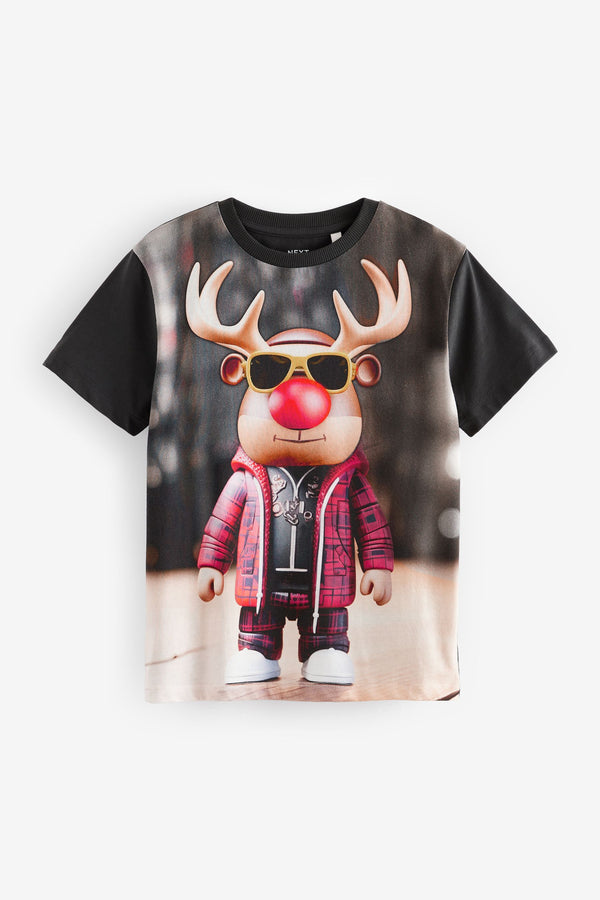 Cool Rudolph Black Short Sleeve Christmas 100% Cotton T-Shirt (3-16yrs)