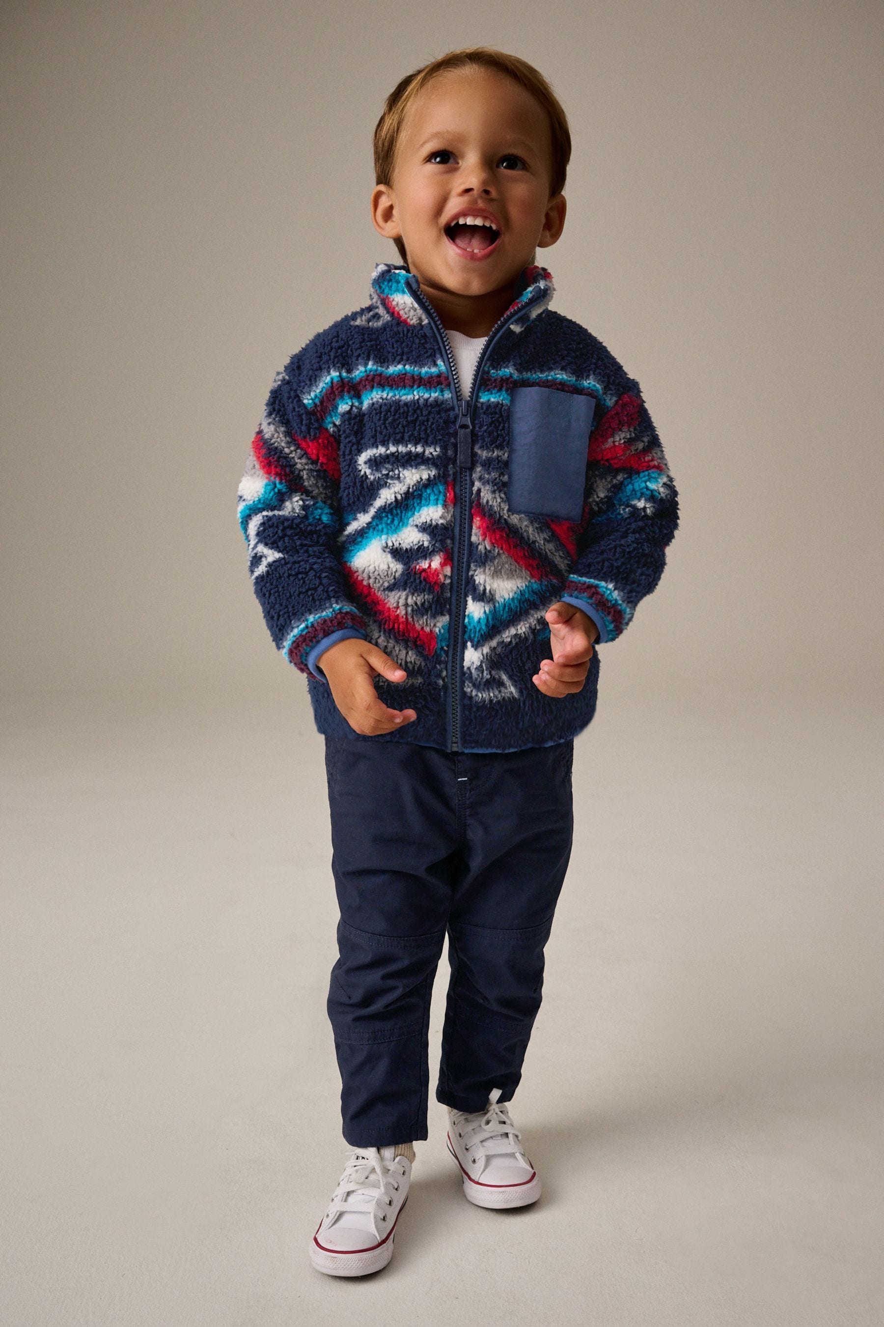 Navy Blue Patterned Zip Through Fleece (3mths-7yrs)