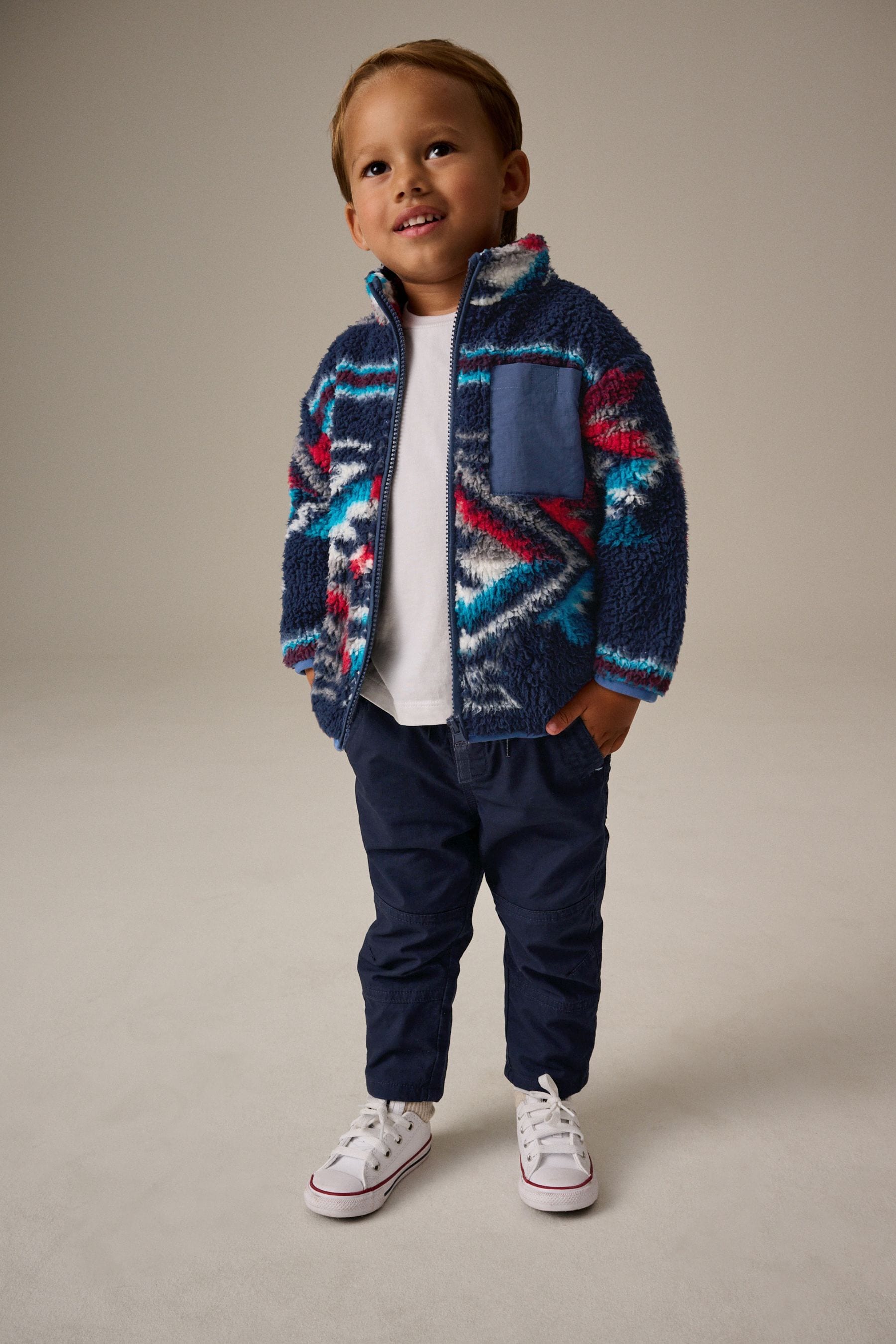 Navy Blue Patterned Zip Through Fleece (3mths-7yrs)