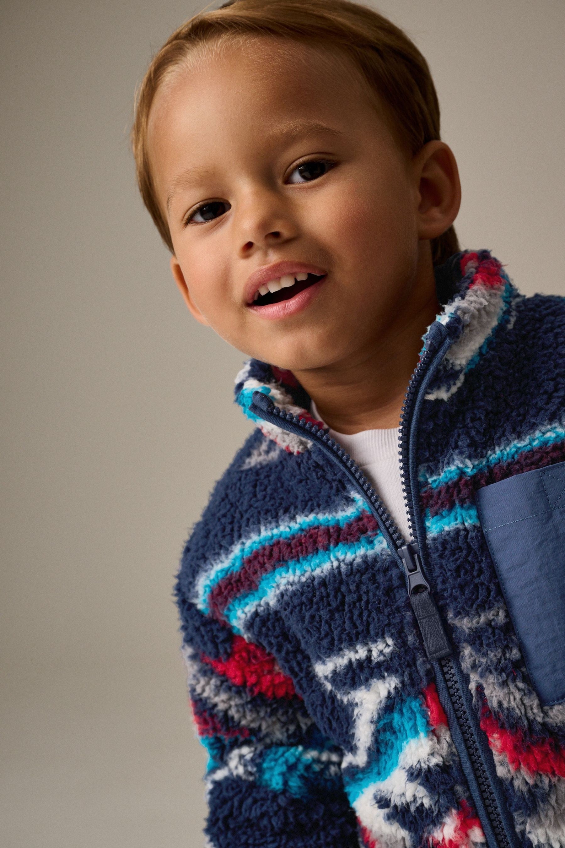 Navy Blue Patterned Zip Through Fleece (3mths-7yrs)