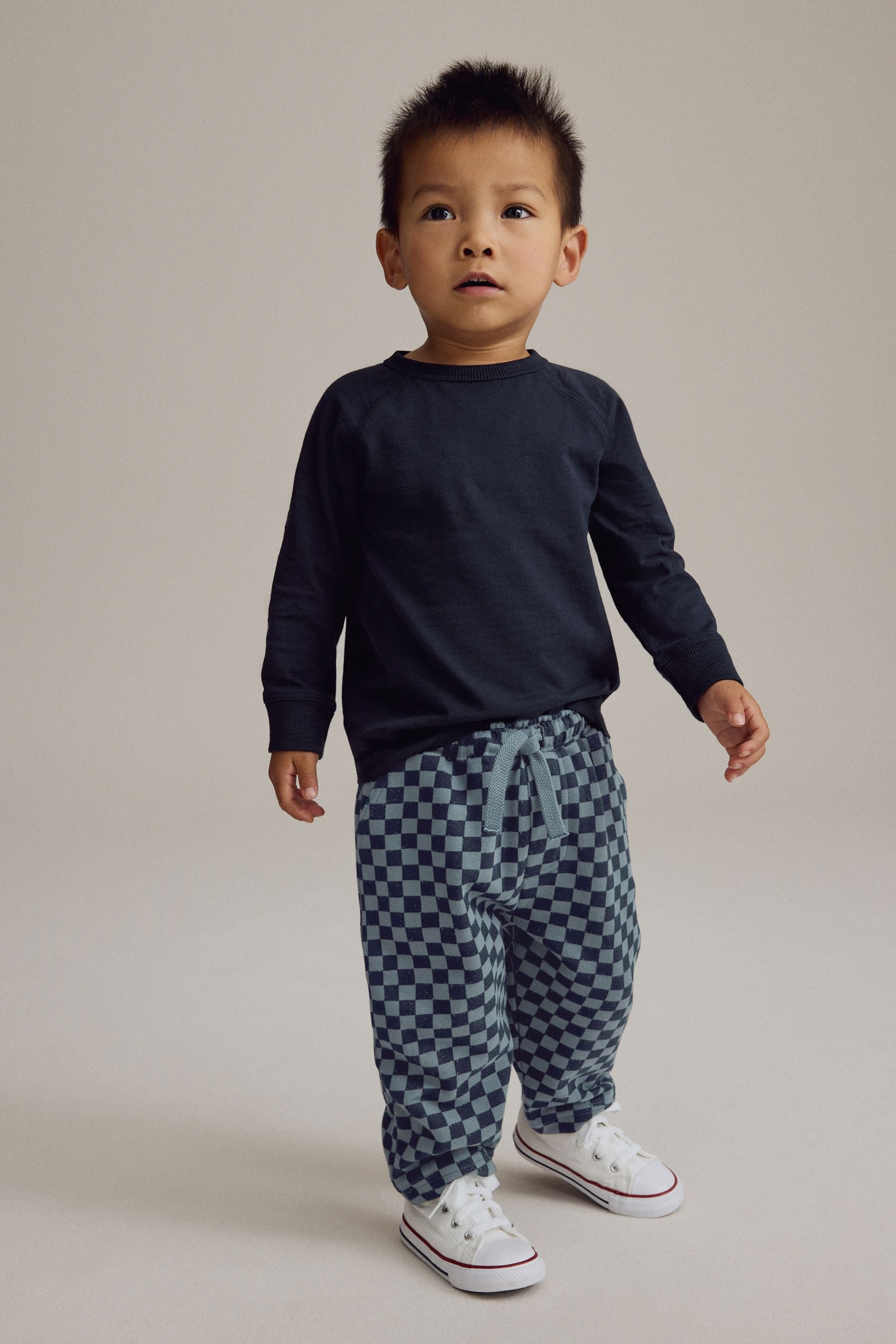 Navy Blue Checkerboard 100% Cotton Patterned Jersey Joggers (3mths-7yrs)