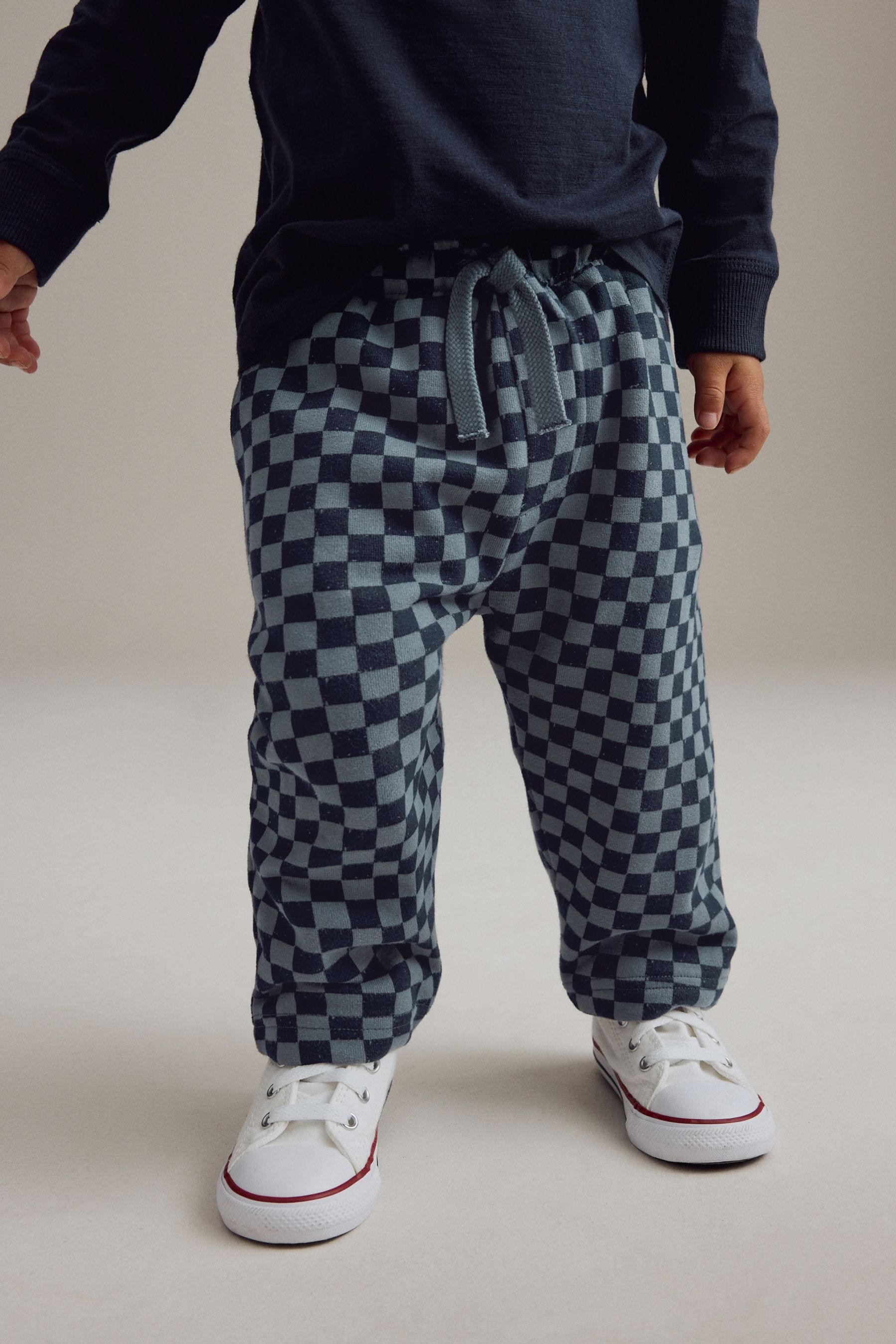 Navy Blue Checkerboard 100% Cotton Patterned Jersey Joggers (3mths-7yrs)