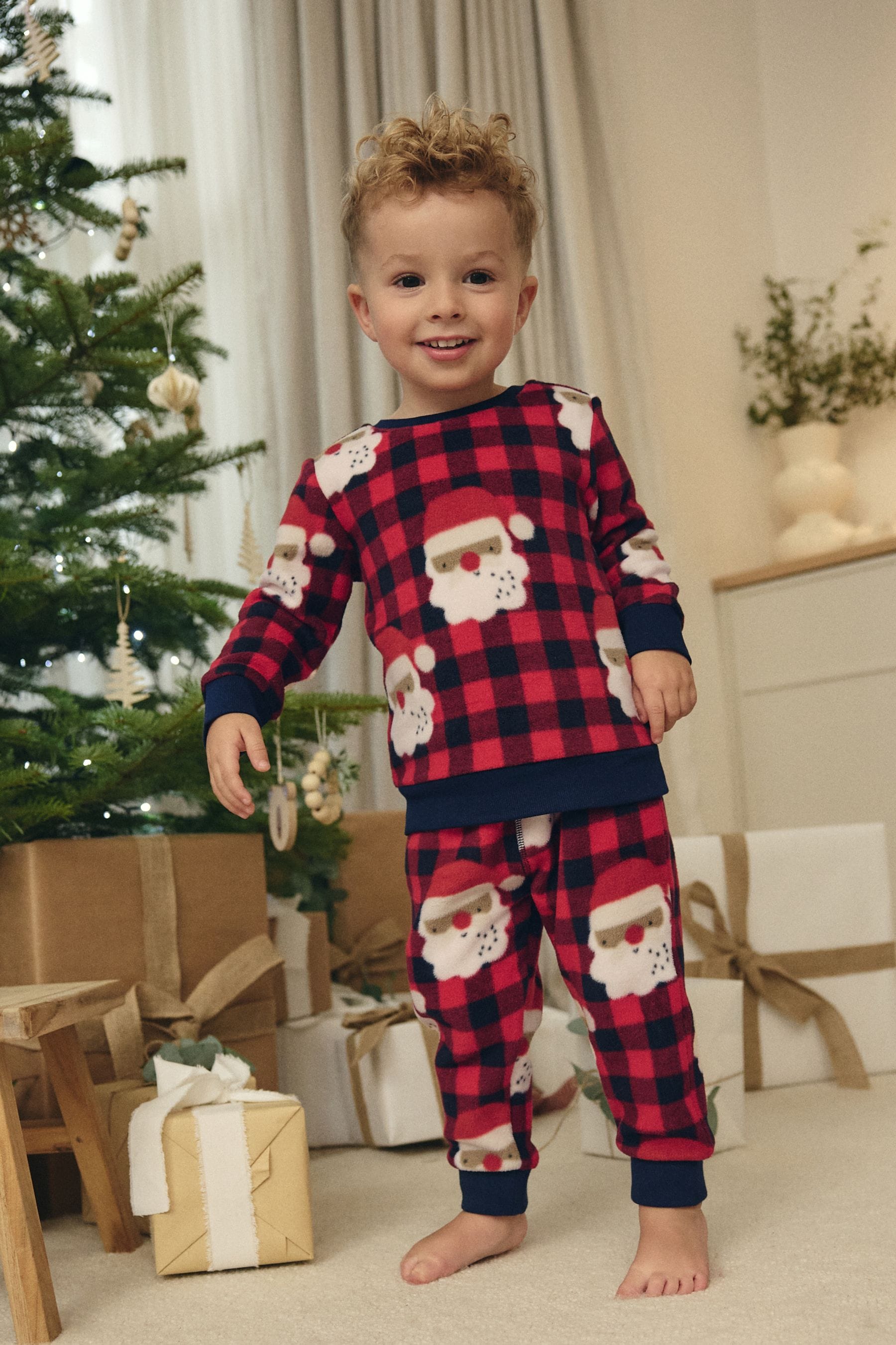 Red Check Santa Single Soft Touch Fleece Pyjamas with Elastane (9mths-16yrs)