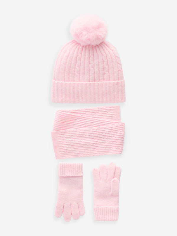 Pink Cable Cable Hat, Gloves and Scarf Set (3-16yrs)