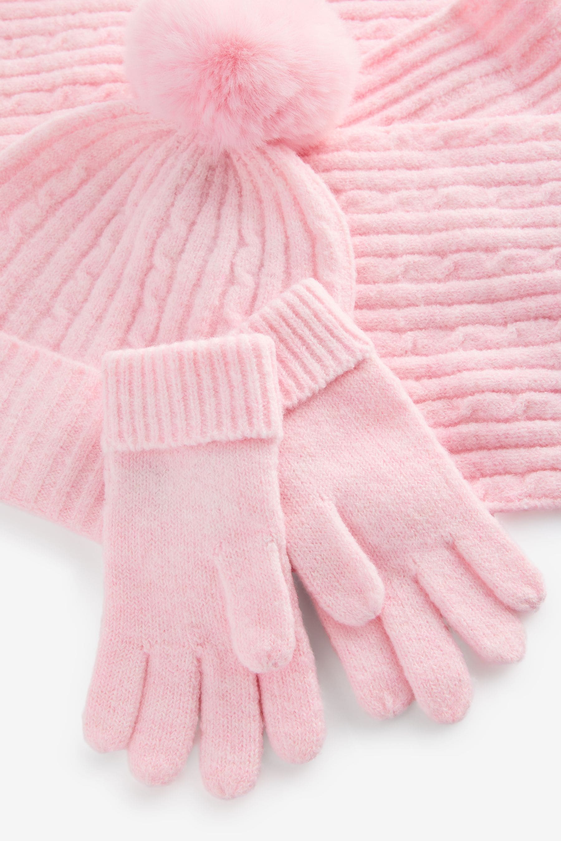 Pink Cable Cable Hat, Gloves and Scarf Set (3-16yrs)