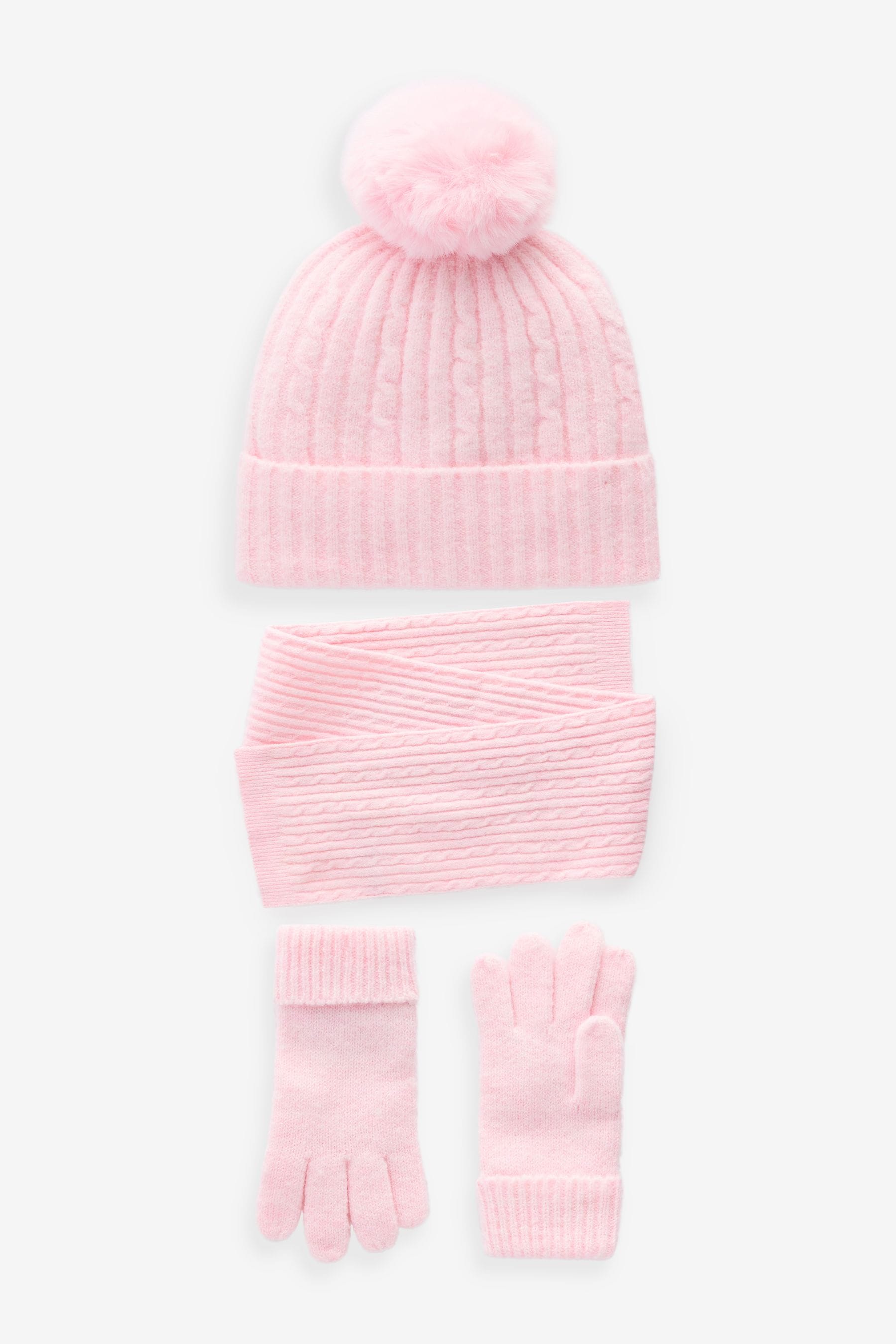 Pink Cable Cable Hat, Gloves and Scarf Set (3-16yrs)