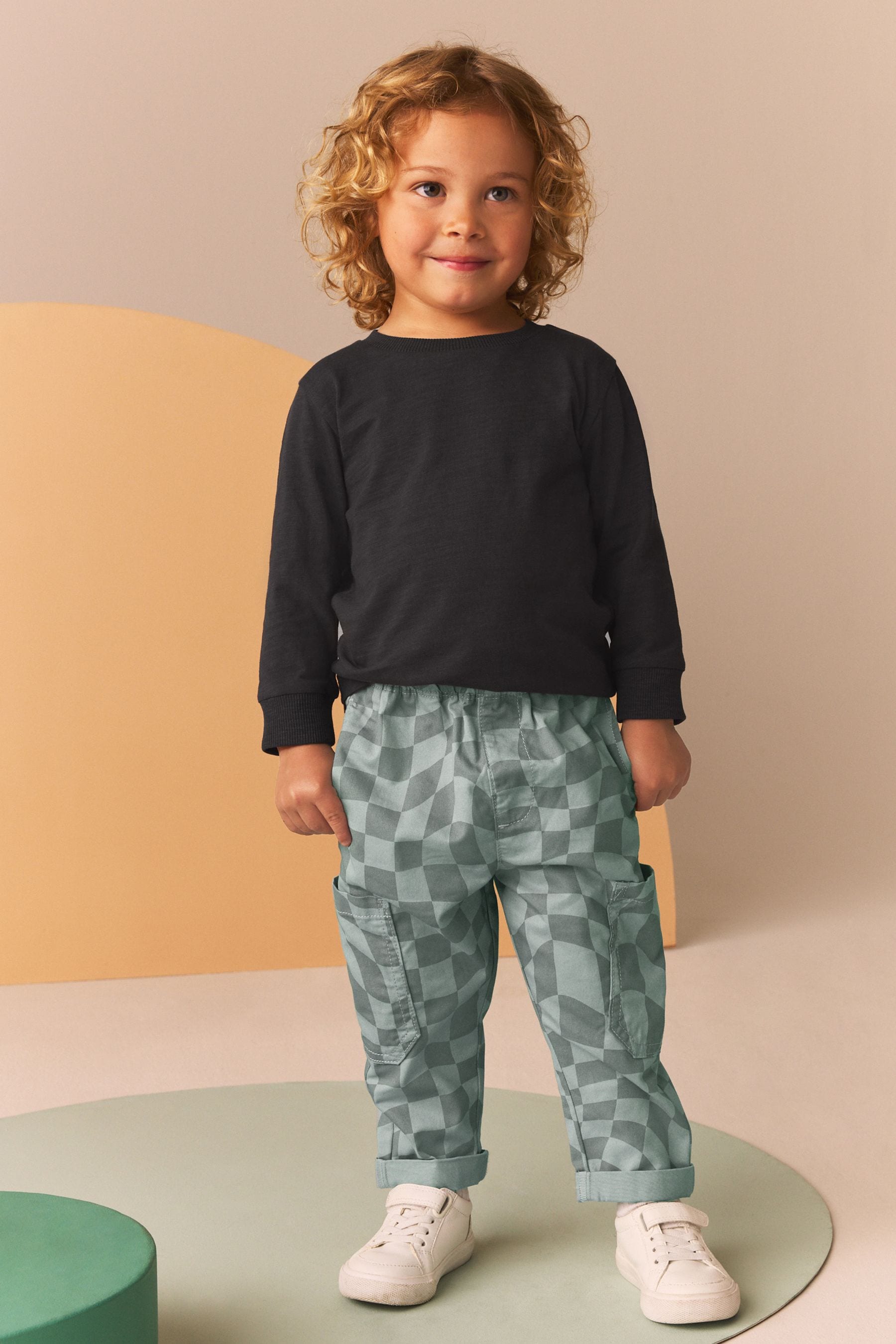 Blue Checkerboard 100% Cotton Side Pocket Pull-On Trousers (3mths-7yrs)