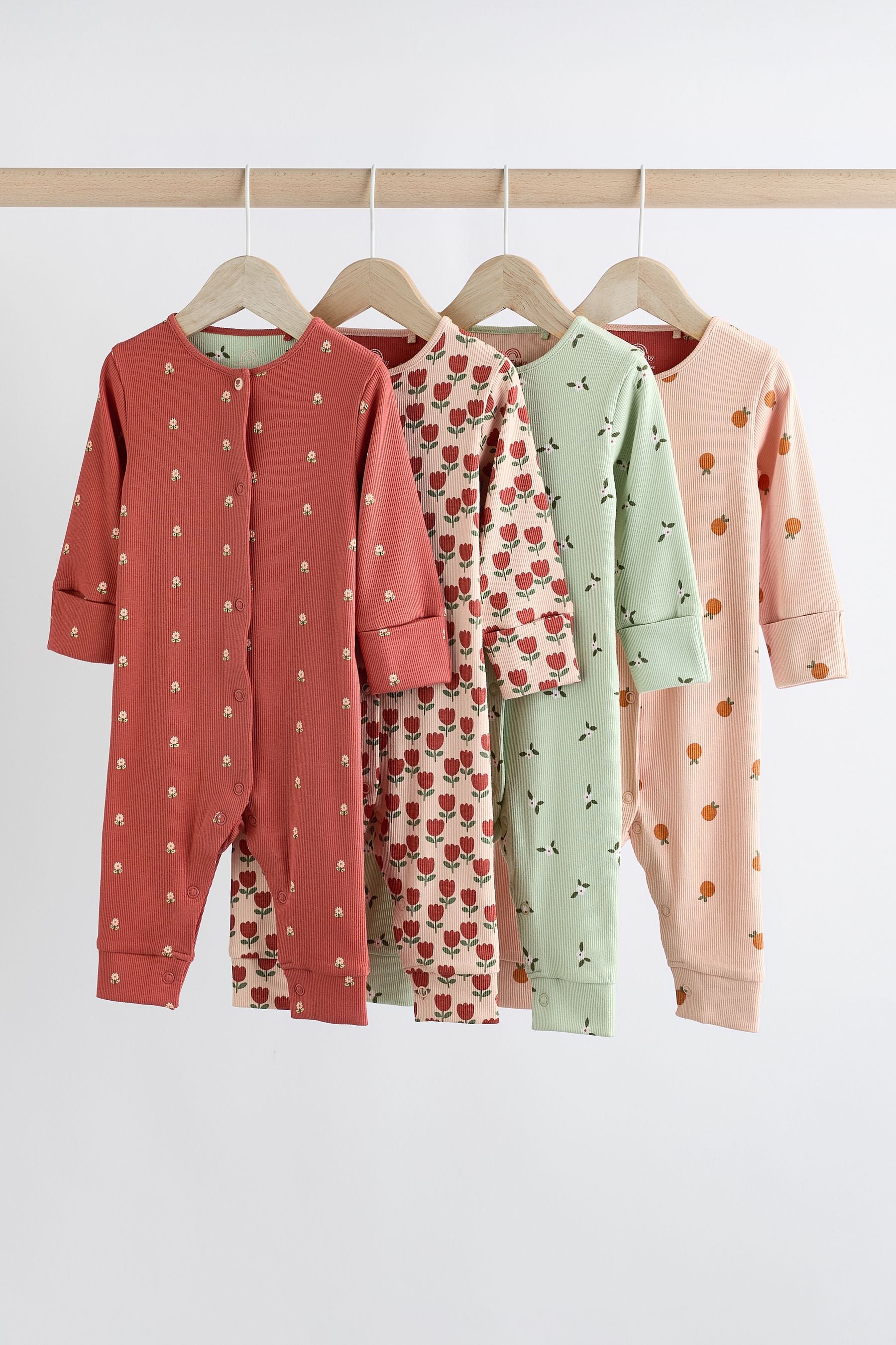 Green/Orange Floral 4 Pack Baby Footless Sleepsuits (0mths-3yrs)