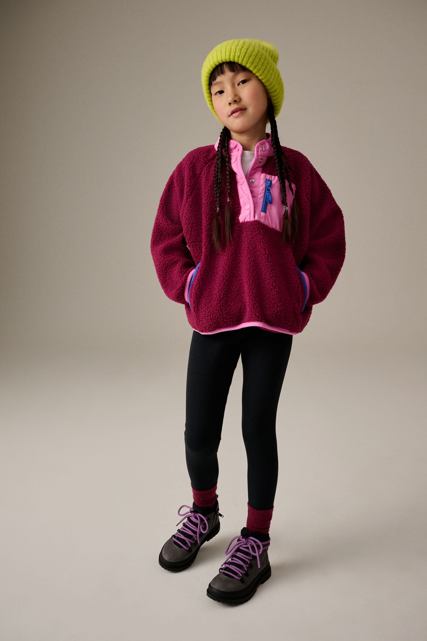 Berry Red Placket Borg Fleece Top (3-16yrs)