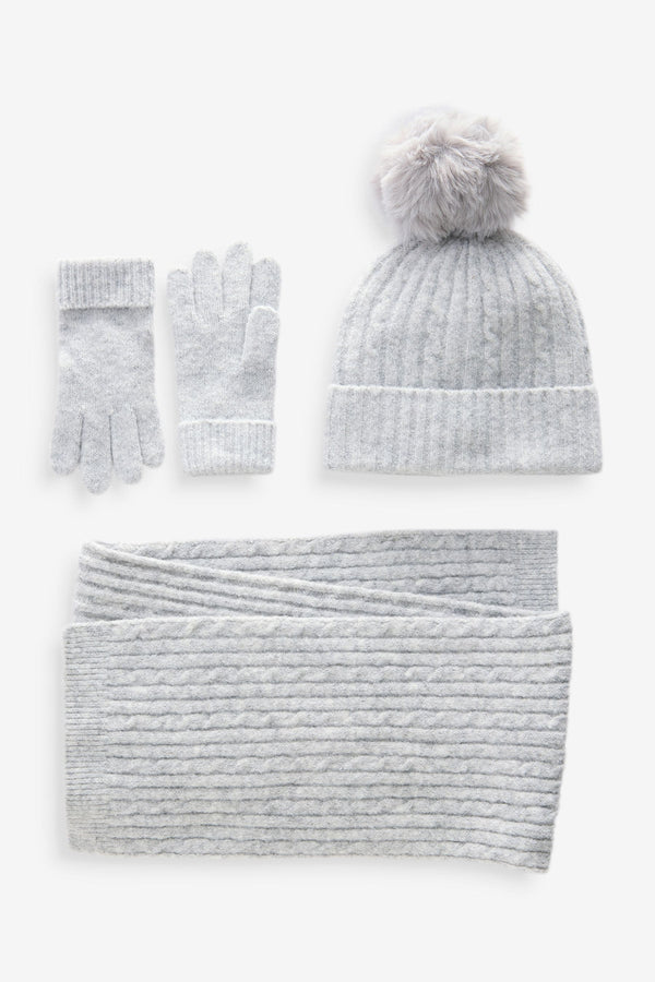 Grey Cable Cable Hat, Gloves and Scarf Set (3-16yrs)