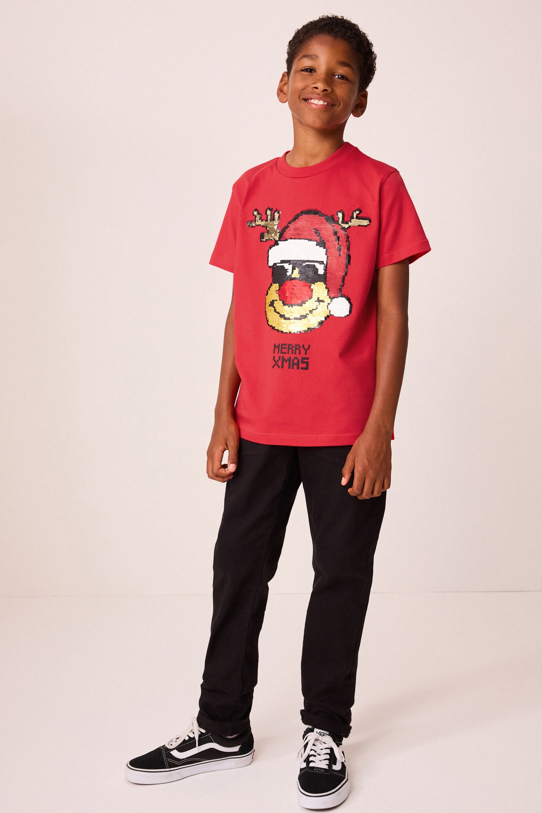 Red Rudolph Sequin Short Sleeve Christmas 100% Cotton T-Shirt (3-16yrs)