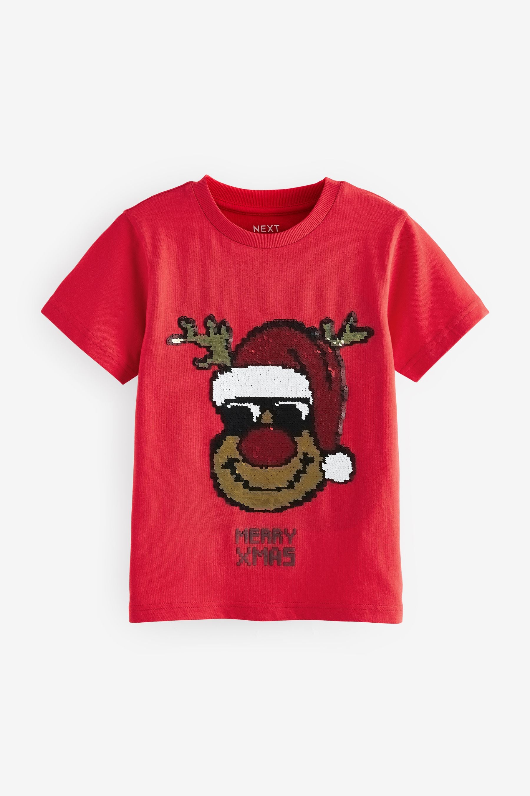 Red Rudolph Sequin Short Sleeve Christmas 100% Cotton T-Shirt (3-16yrs)