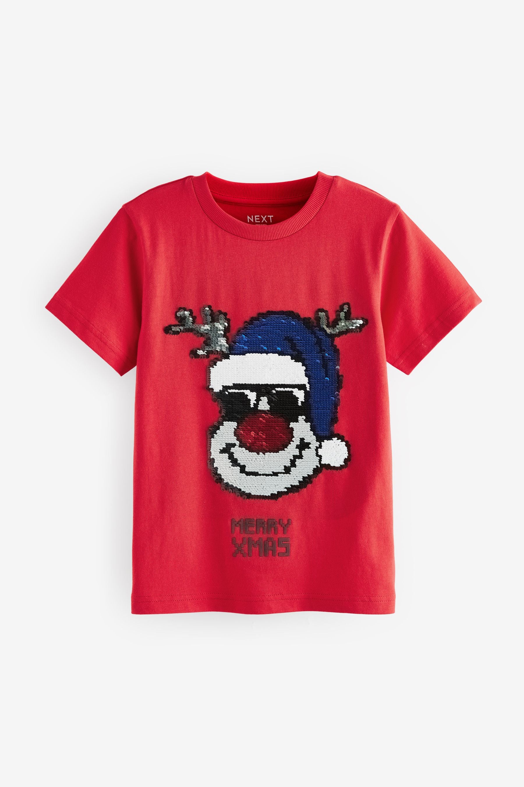 Red Rudolph Sequin Short Sleeve Christmas 100% Cotton T-Shirt (3-16yrs)