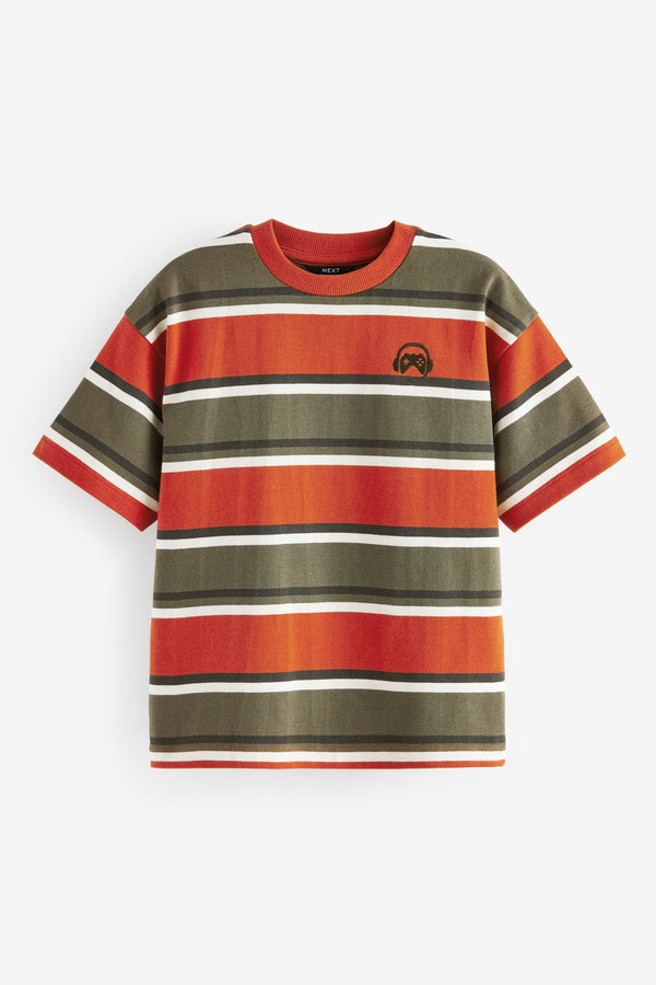 Green/Rust Relaxed Fit Stripe Heavyweight Short Sleeve 100% Cotton T-Shirt (3-16yrs)