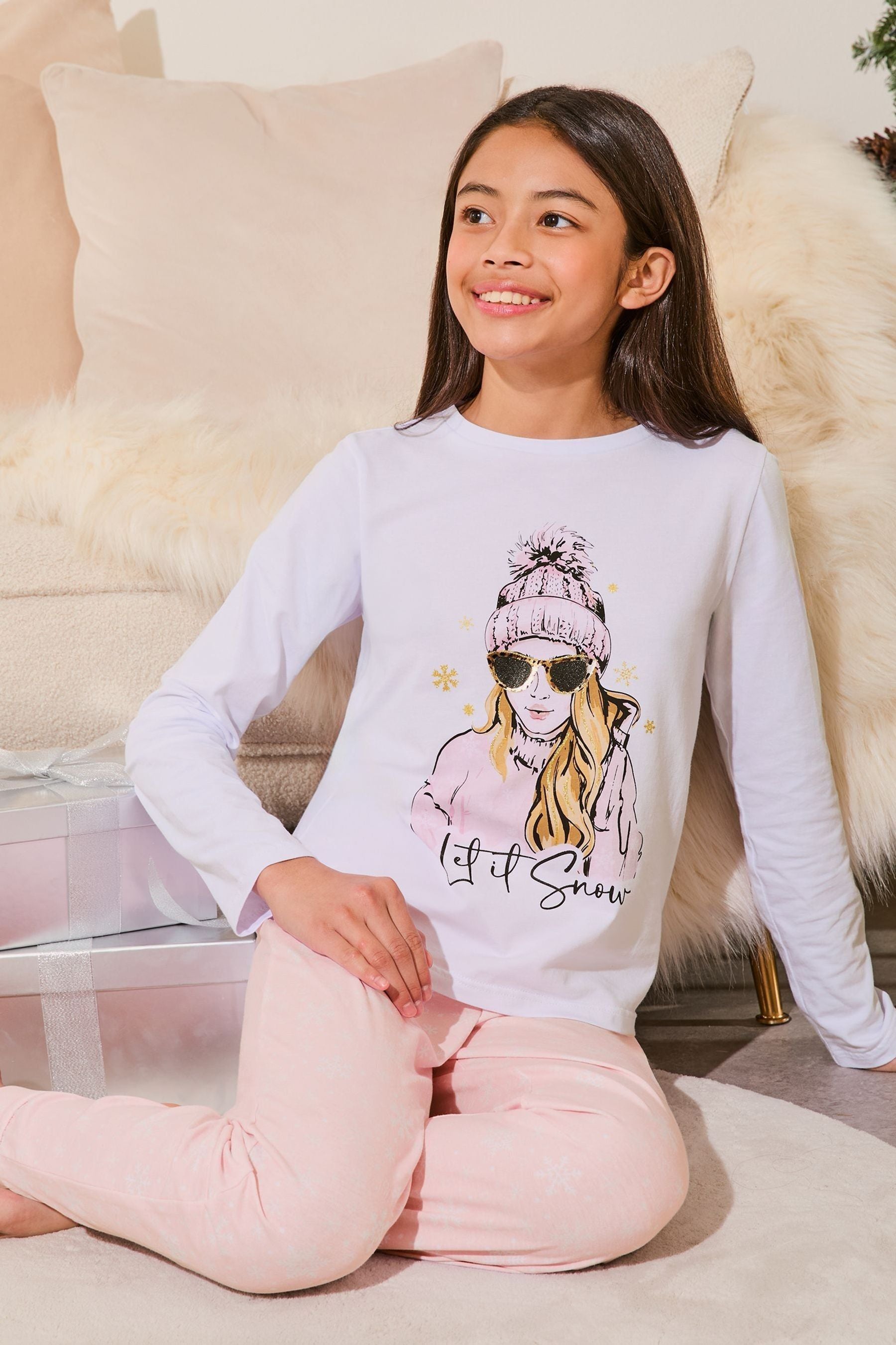 Lipsy White/Pink Christmas Jersey Pyjamas Trousers Set (From 3-16yrs)