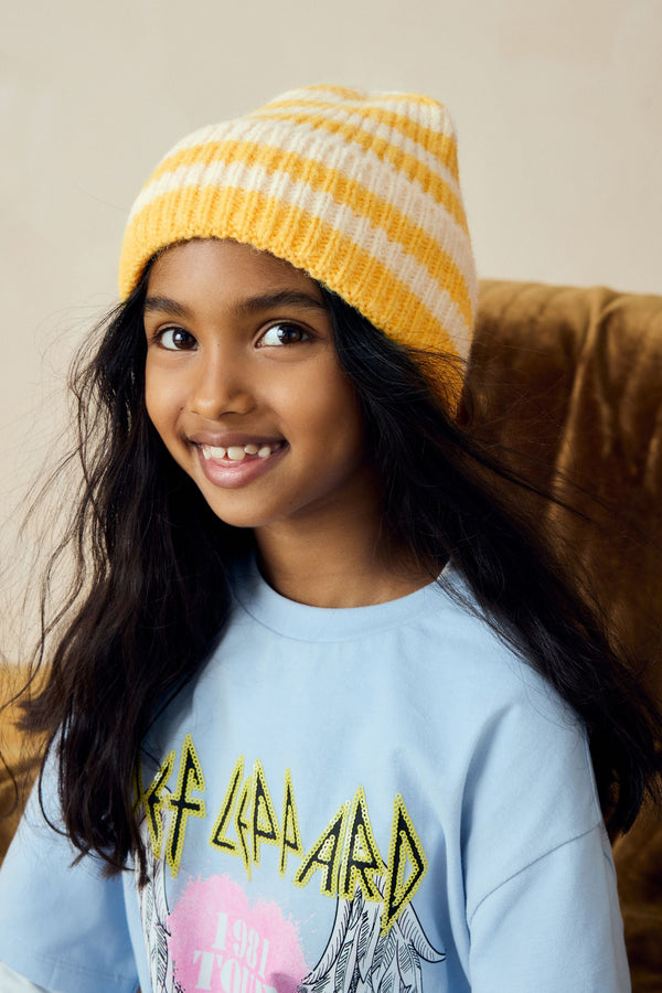 Ecru/Yellow Stripe Rib Beanie Hat (1-16yrs)