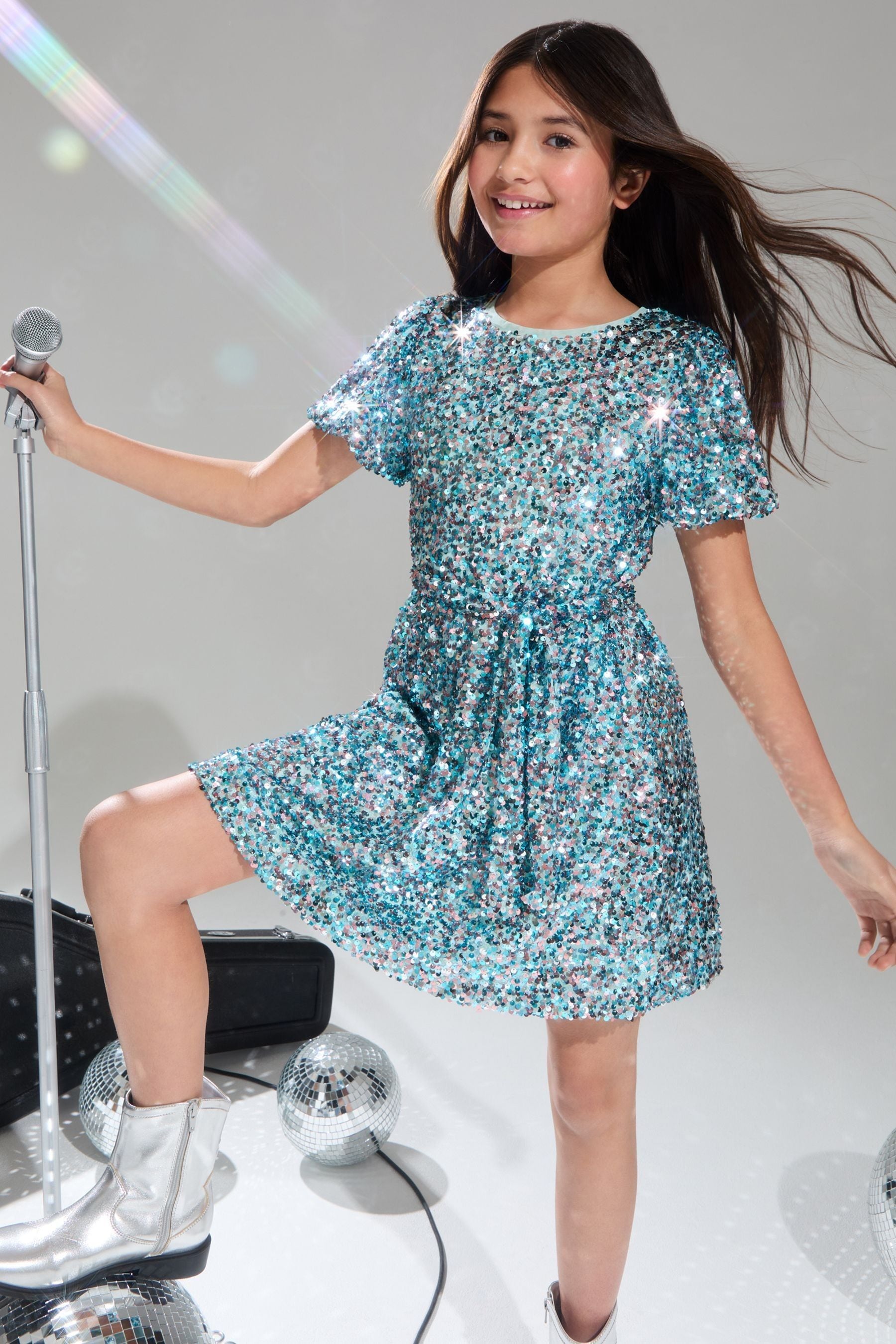 Lipsy Blue Sequin Sparkle Puff Sleeve Party Dress (5-16yrs)