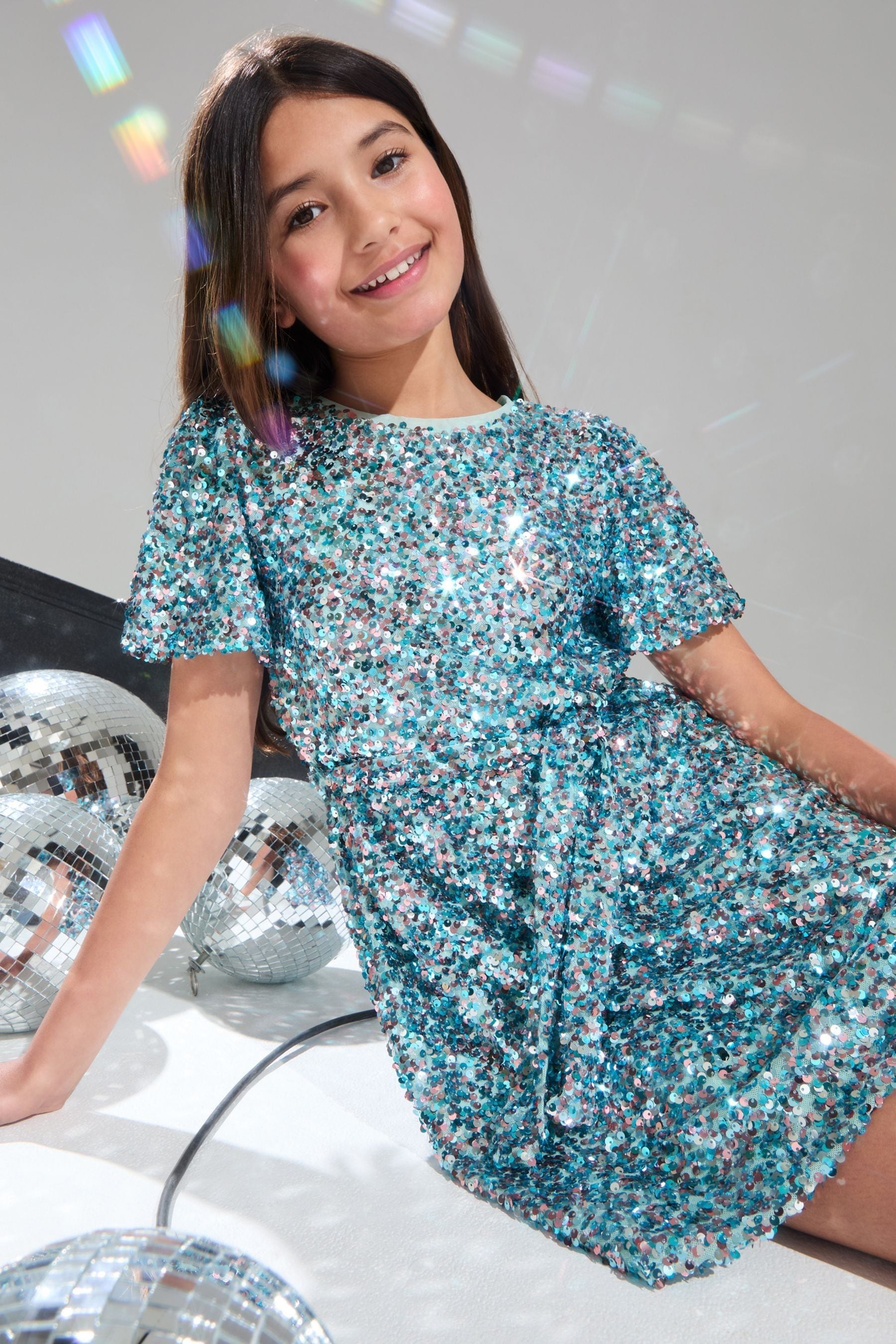 Lipsy Blue Sequin Sparkle Puff Sleeve Party Dress (5-16yrs)