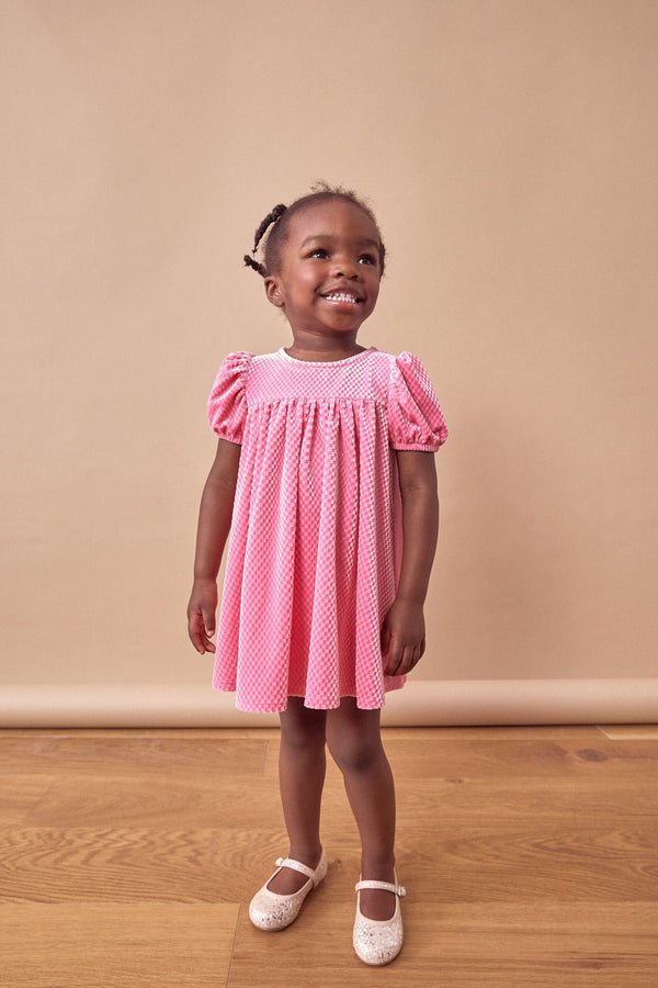 Pink Textured Puff Sleeve Velvet Party Dress (3mths-10yrs)