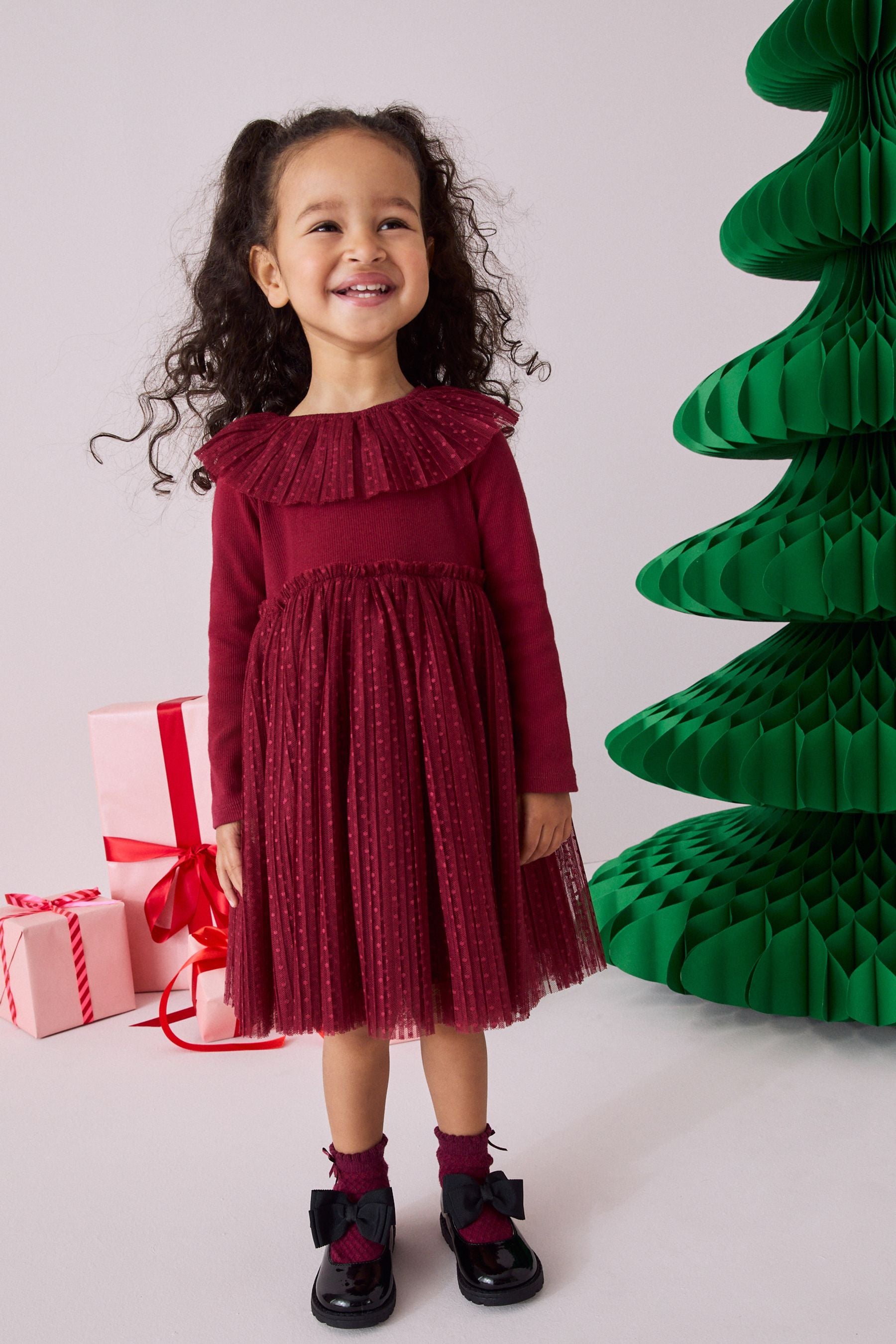 Red Long Sleeve Mesh Dress (3mths-7yrs)