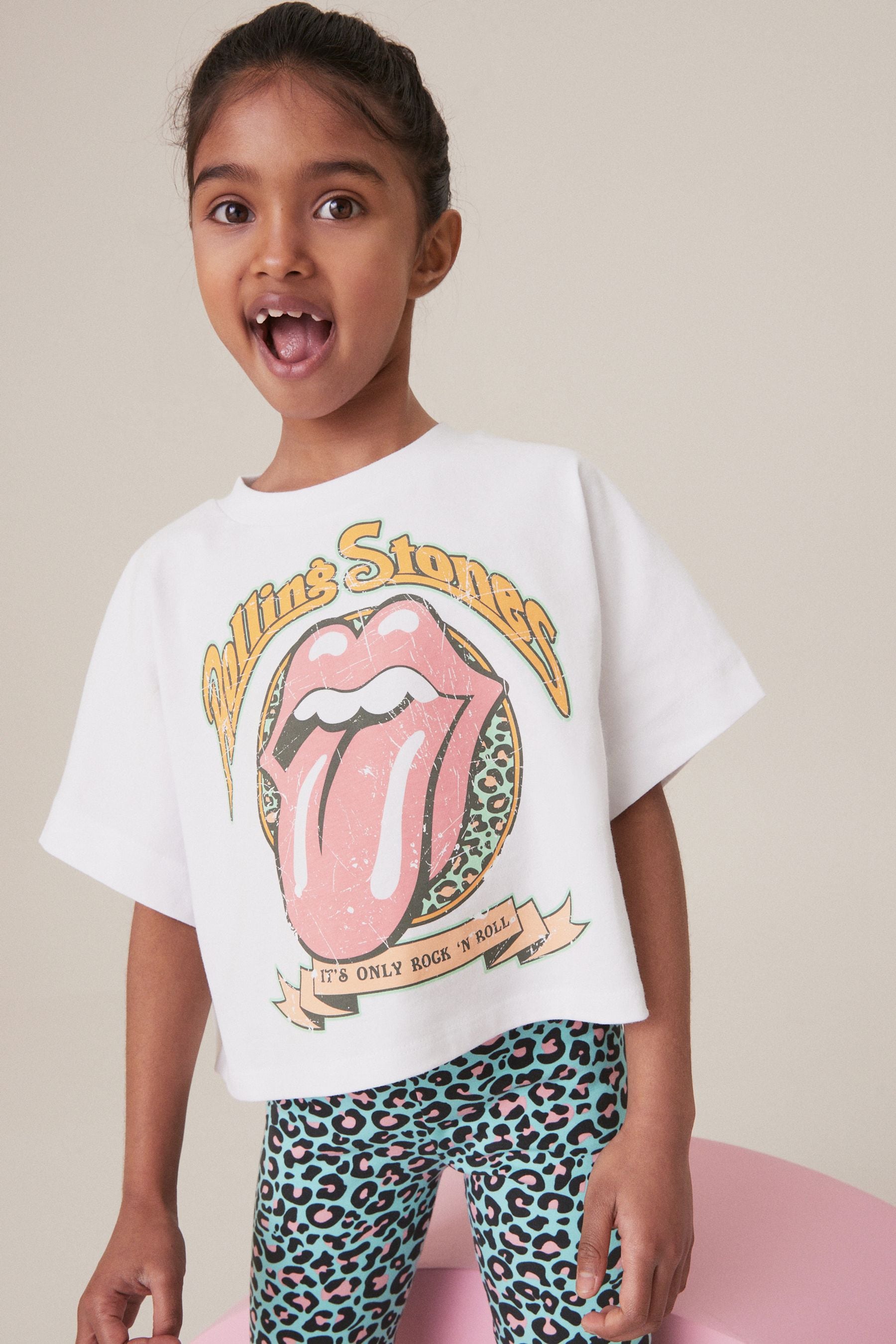 White/Blue Rolling Stones Boxy 100% Cotton T-Shirt And Cycle Shorts Set (3-16yrs)