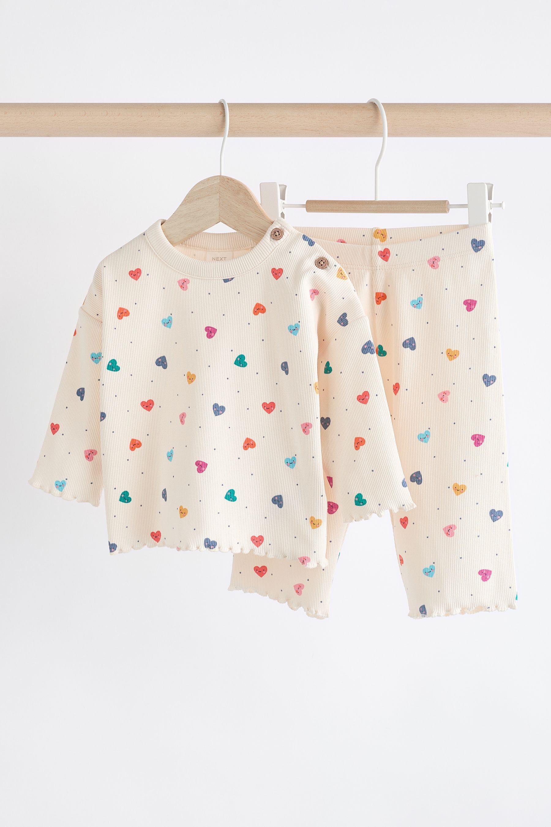 White/Multicolour Heart Print Baby Top and Wide Leg Trousers 2 Piece Set