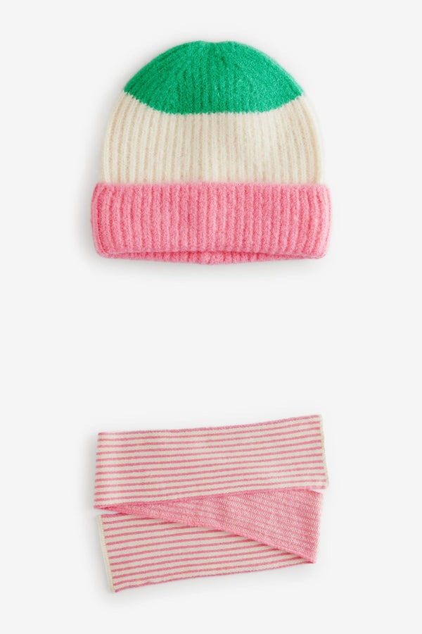 Pink/Green Stripe Hat and Scarf Set (3-16yrs)