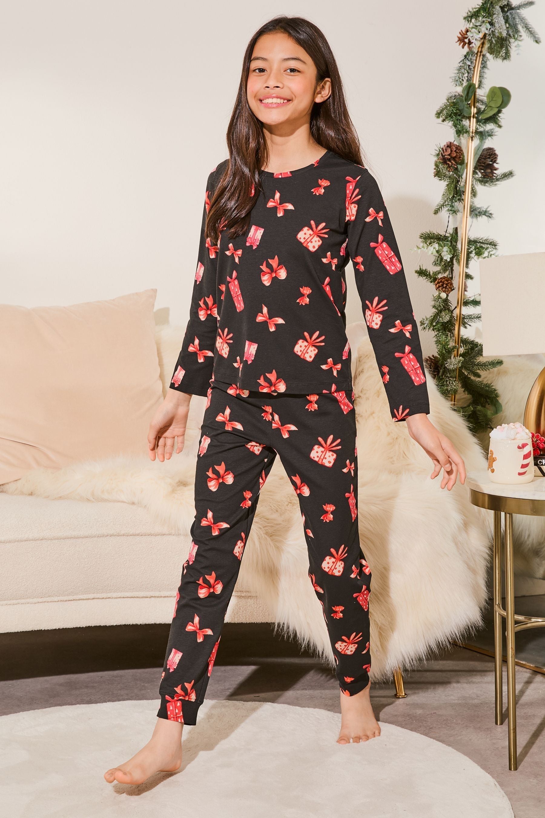 Lipsy Black Christmas Jersey Pyjamas Trousers Set (From 3-16yrs)