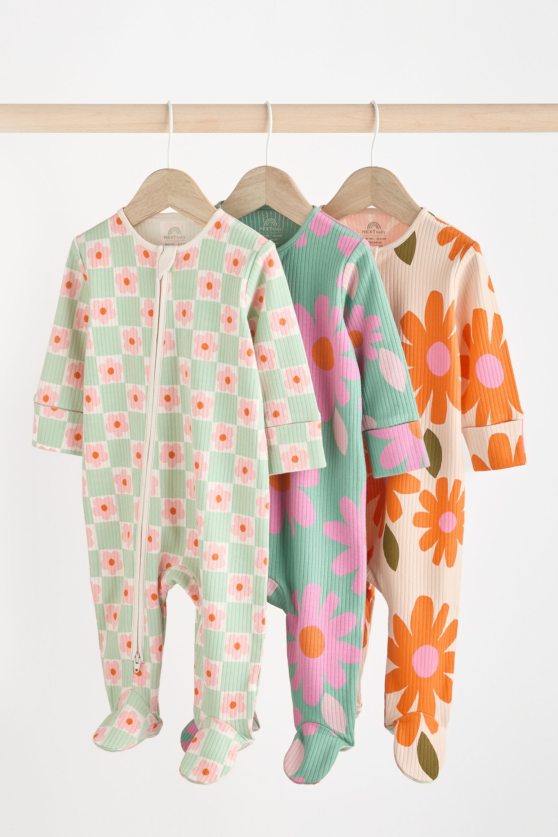 Green Flower Baby 2 Way Zip Sleepsuits 3 Pack (0mths-2yrs)