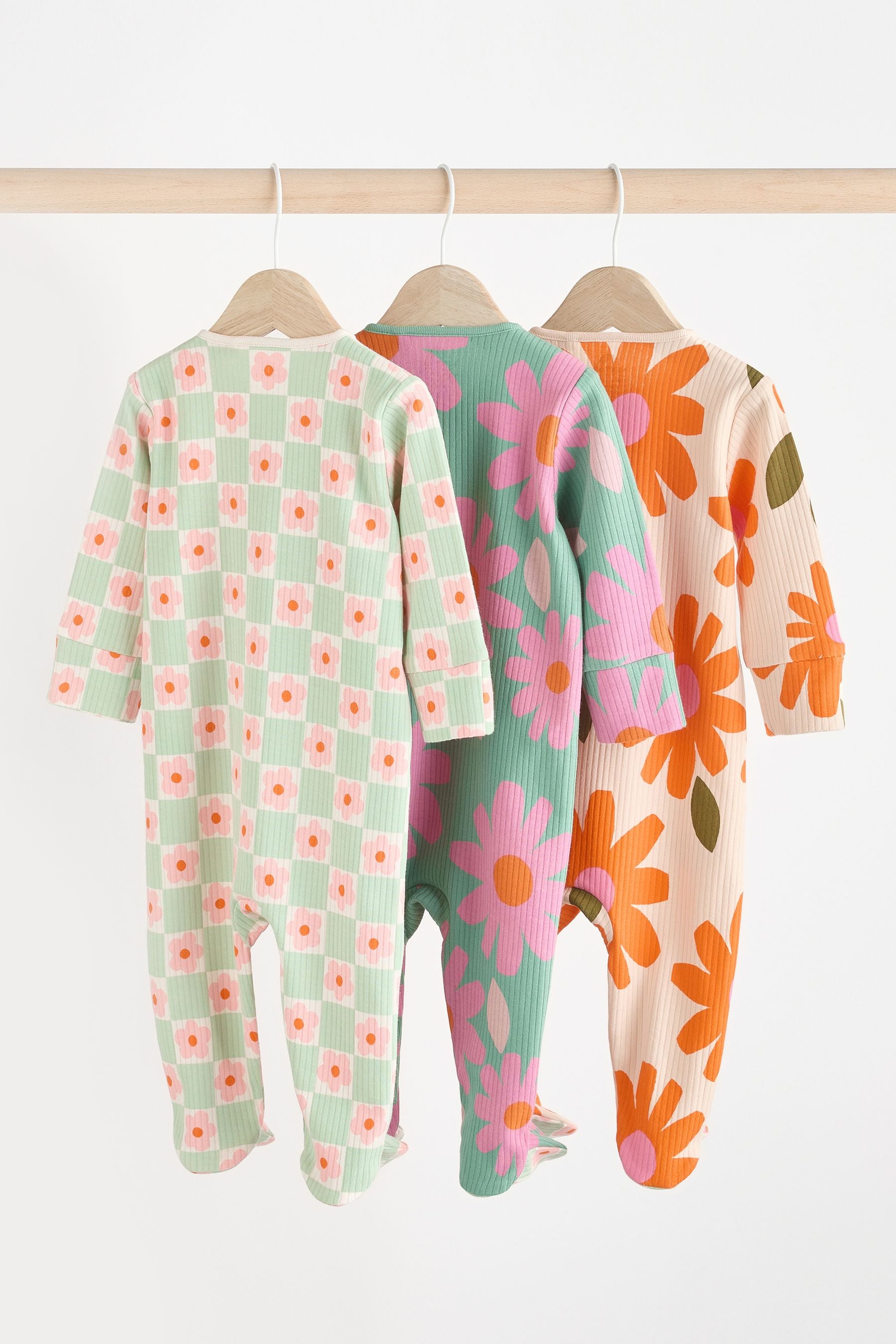 Green Flower Baby 2 Way Zip Sleepsuits 3 Pack (0mths-2yrs)