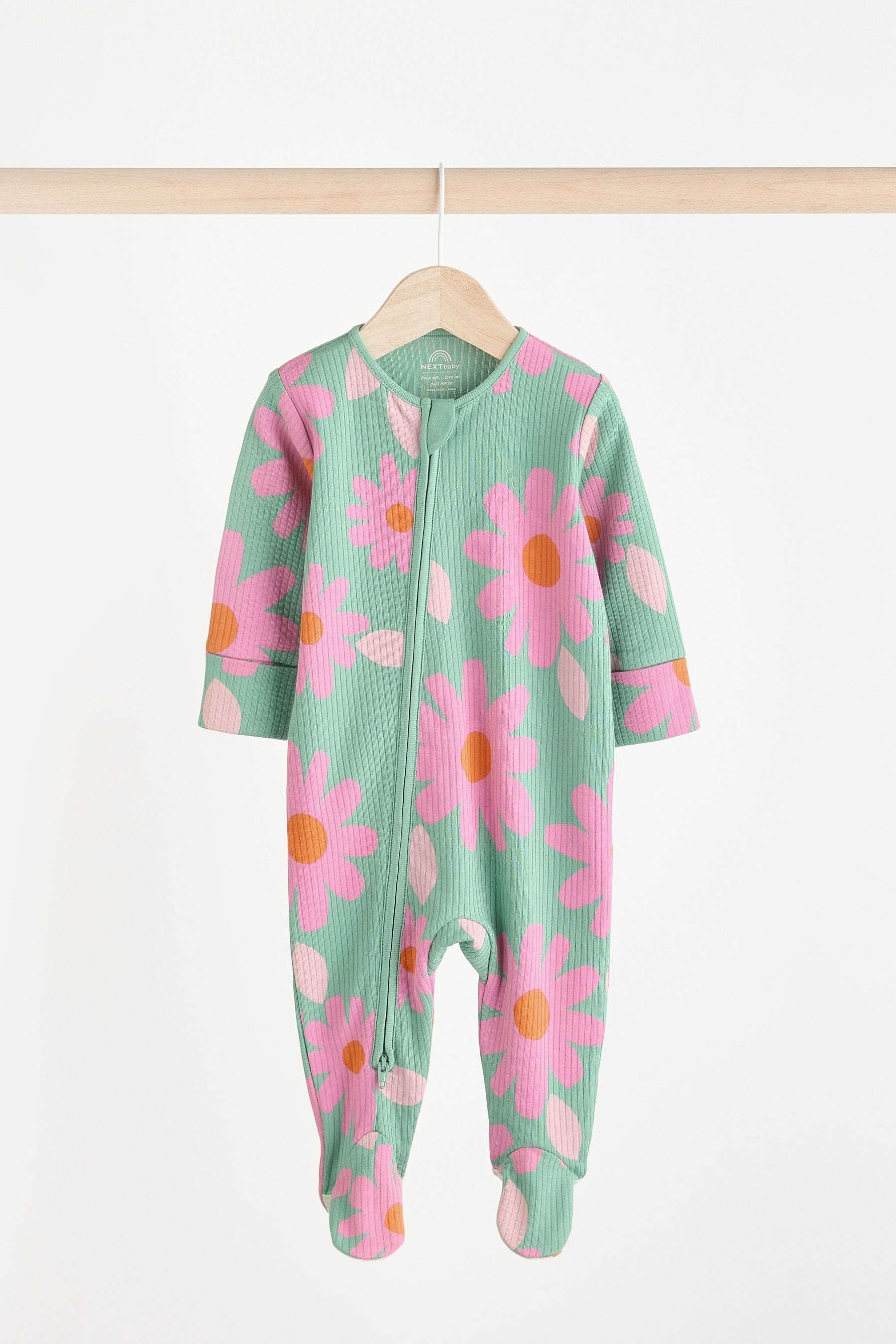 Green Flower Baby 2 Way Zip Sleepsuits 3 Pack (0mths-2yrs)