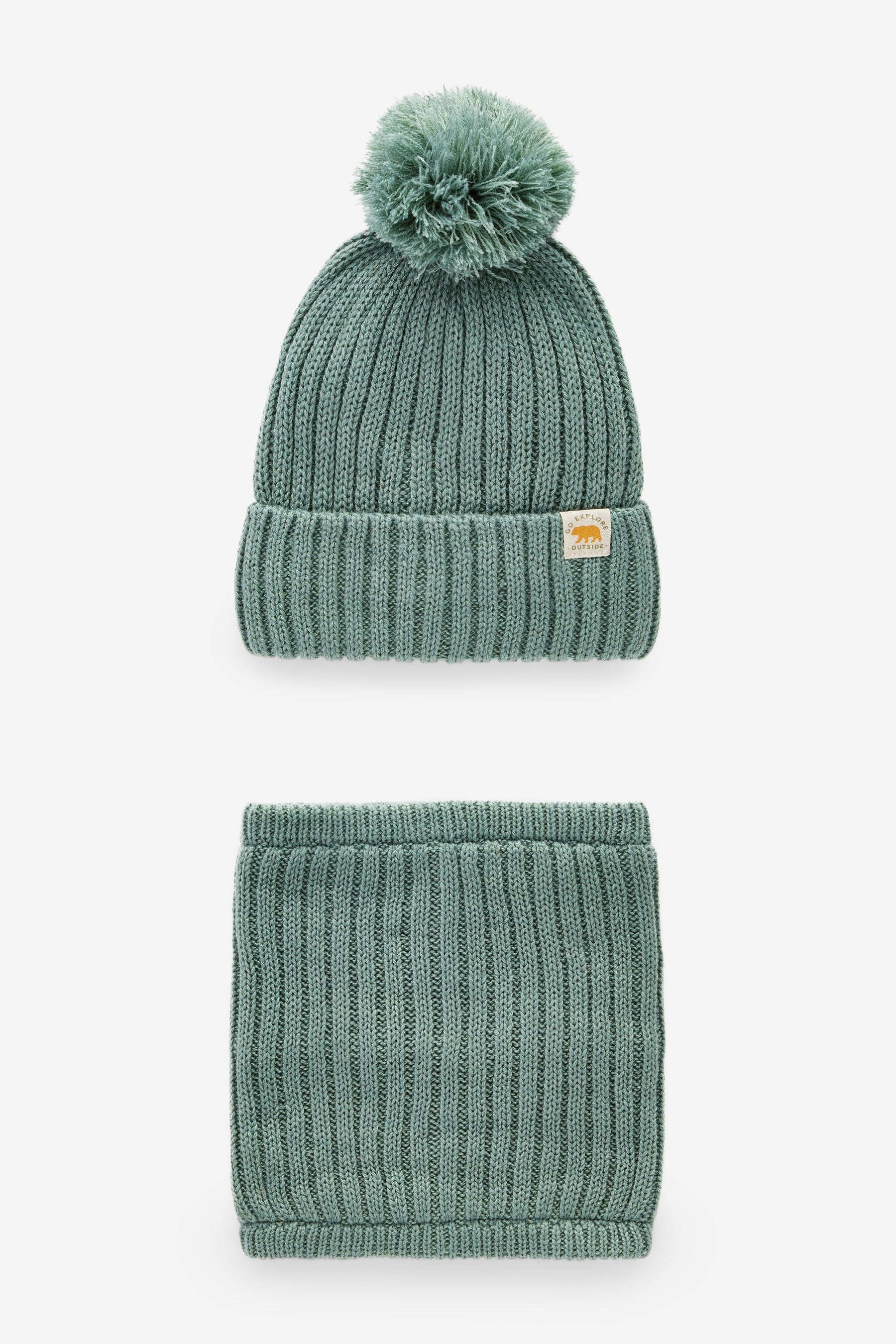 Sage Green Knitted Pom Hat and Snood Set (1-10yrs)