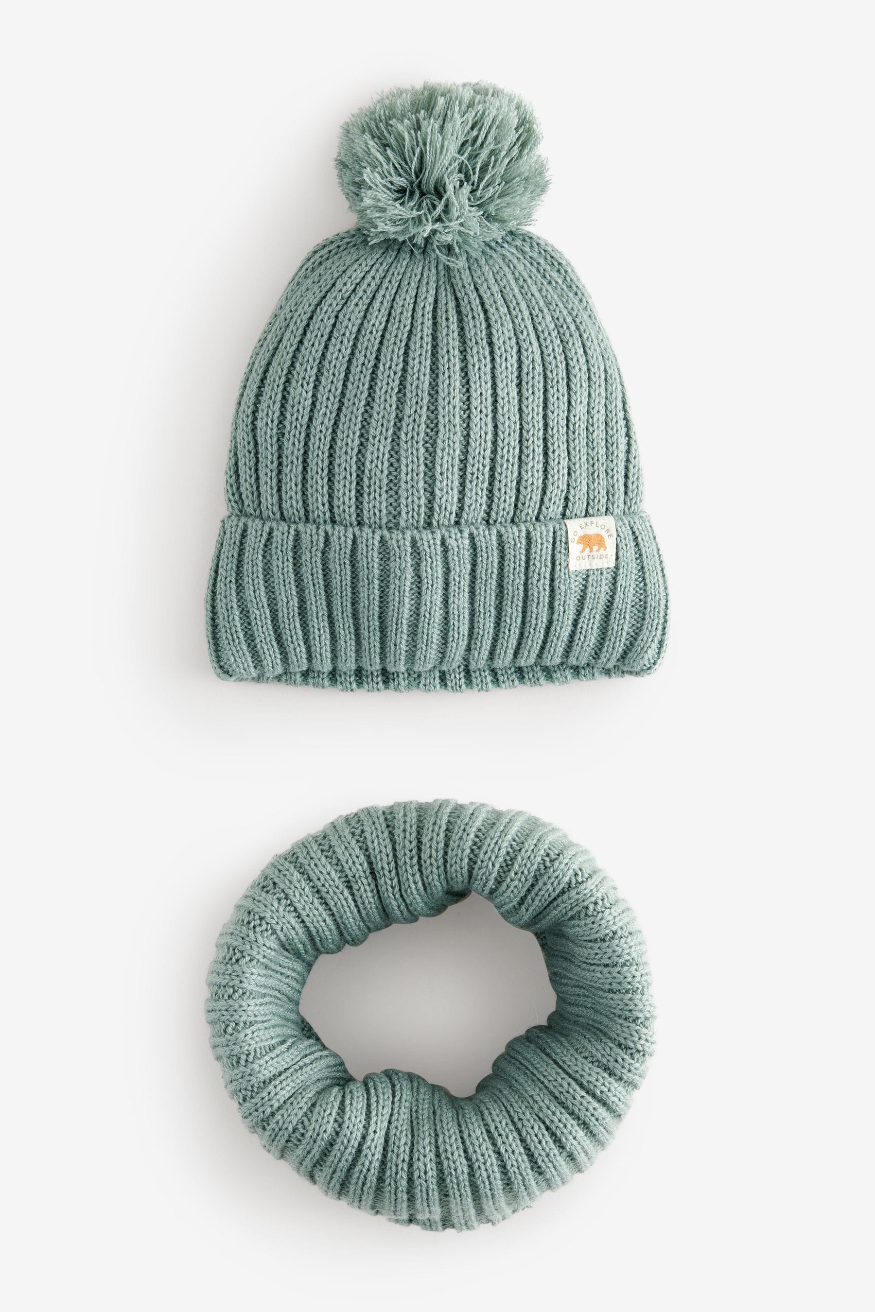 Sage Green Knitted Pom Hat and Snood Set (1-10yrs)