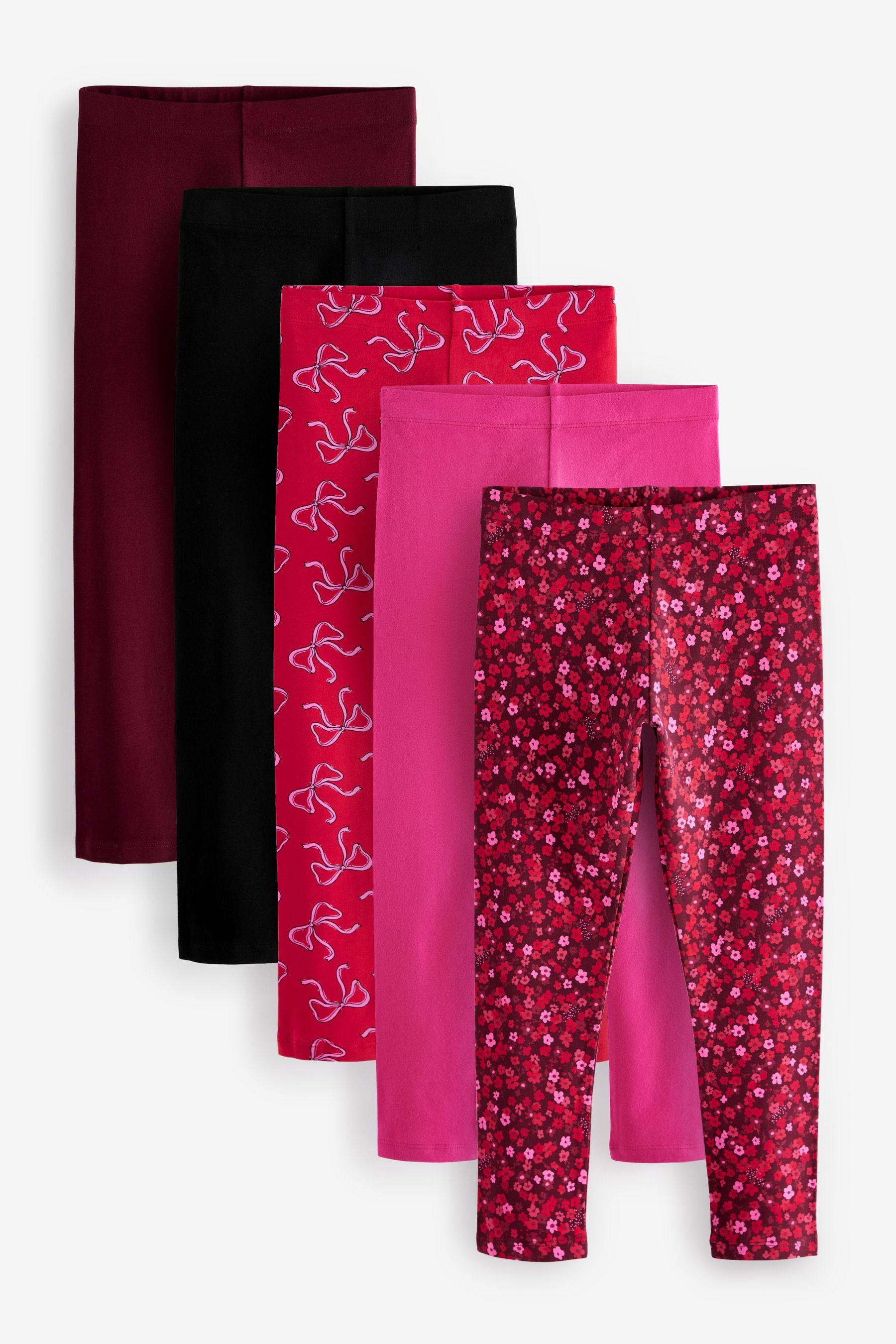 Red Bow/Pink/Black Floral Leggings 5 Pack (3-16yrs)